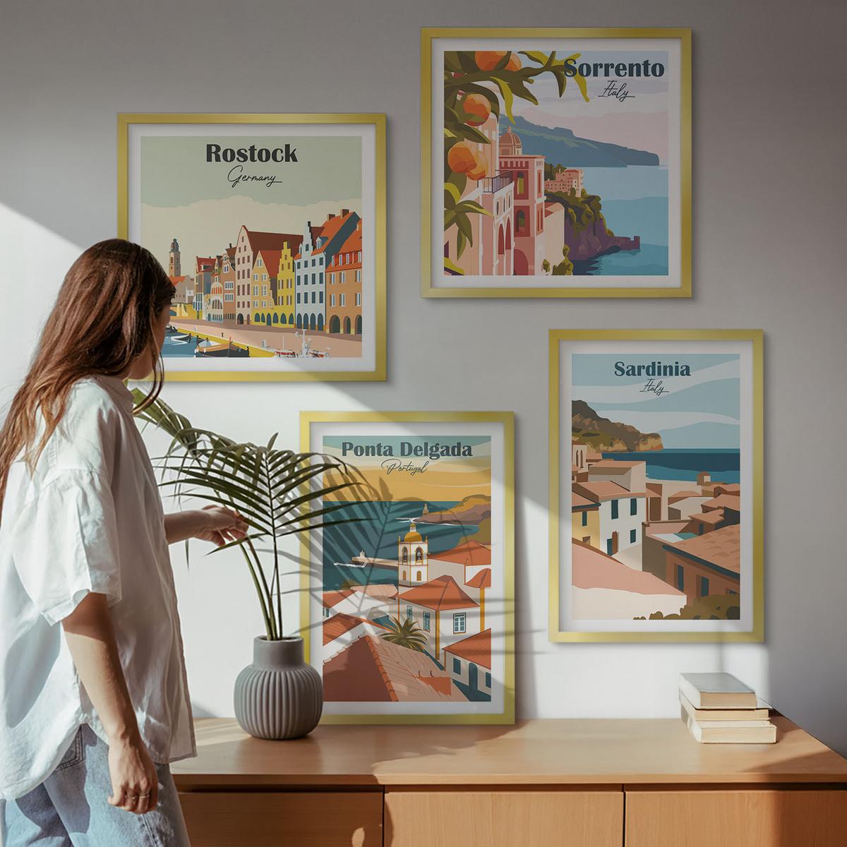 BILDER SET 4er Set - 50x50 cm & 40x60 cm Goldrahmen - Ansichten europäischer Häfen - Goldfarben, Kunststoff (50/50cm) - TULUP