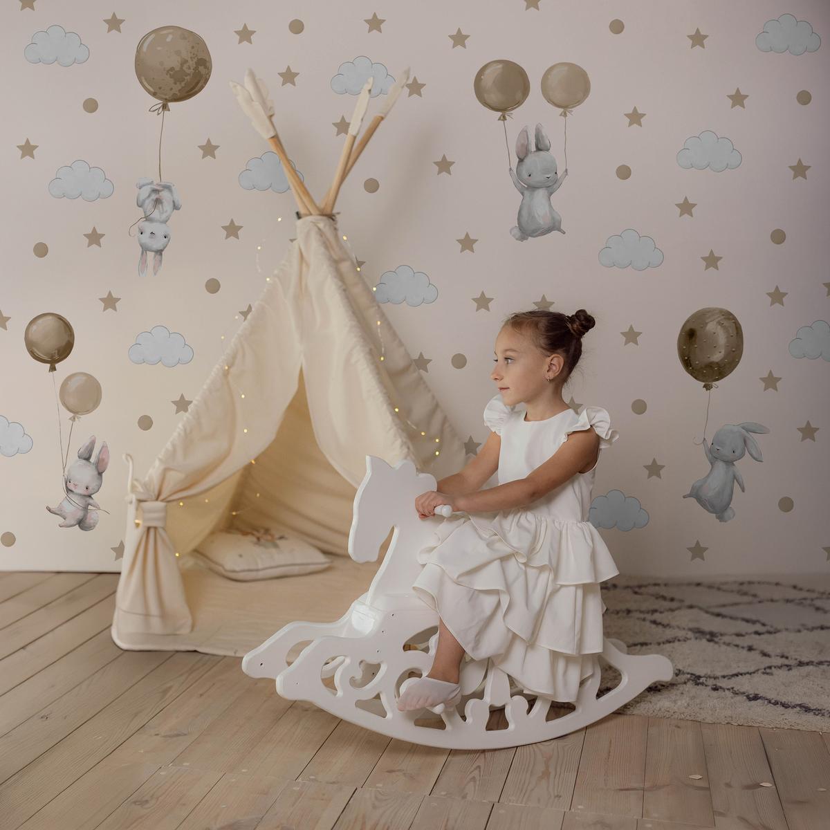 WANDAUFKLEBER SET Hasen Ballons Wolken Sterne 120x60 - Beige/Braun, Papier (120/60/1cm) - Muralo