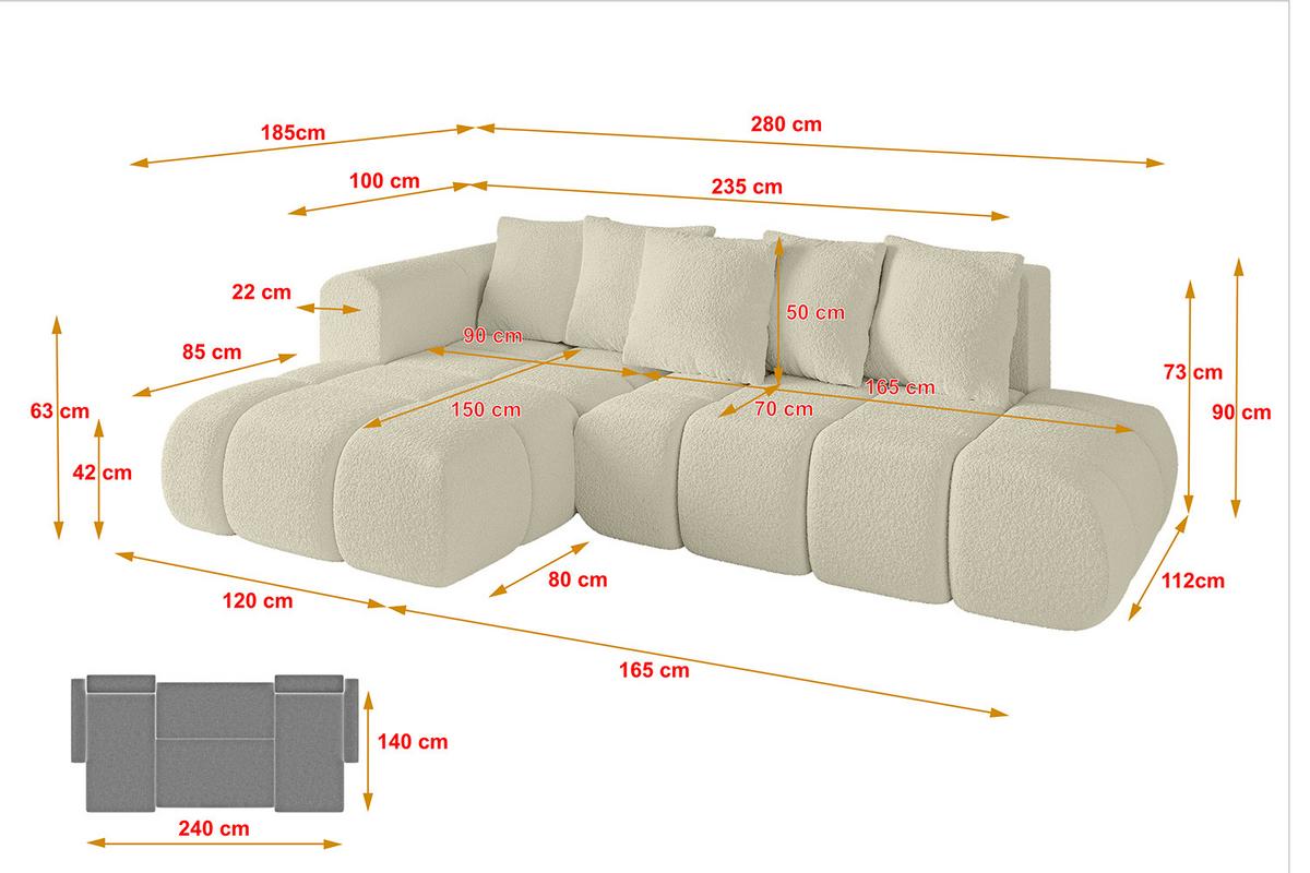 ECKSOFA Ottomane Links CLOUD-L-v1 280x185x90 Beige Bouclé - Beige, Holzwerkstoff/Kunststoff (180/289cm) - ALTDECOR