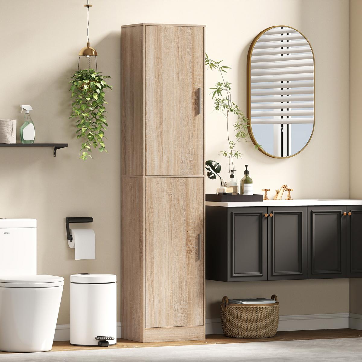 BADEZIMMERSCHRANK Badschrank Hochschrank schmal mit 2 Türen Verstellbare Regale - Silberfarben/Naturfarben, Holzwerkstoff/Metall (35/180/40cm) - HOMCOM