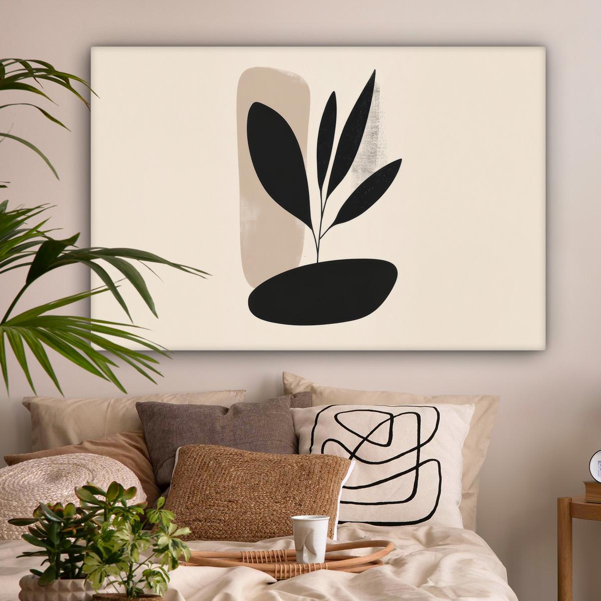 LEINWANDBILD Pflanze - Beige - Japanisch Wohnzimmer Groß 120x80 cm - Schwarz, Textil (120/80cm) - MuchoWow