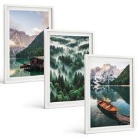 BILDER SET 3er Set - 40x60 cm Weißer Rahmen - Bergsee, Boot, Waldnebel - Weiß, Kunststoff (40/60cm) - TULUP