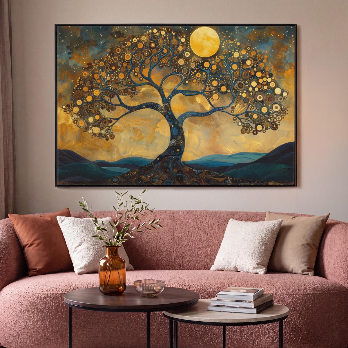 LEINWAND Bilder mit Rahmen - Baum - Mond - Blumen - Gold - Kunst - 150x100 - Orange, Textil (150/100cm) - MuchoWow