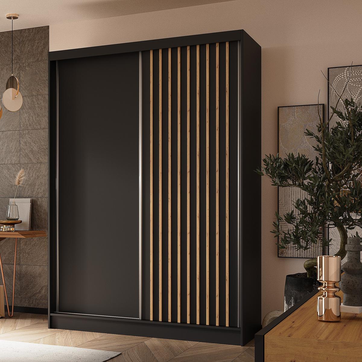 SCHWEBETÜRENSCHRANK LAMELLO 150/216/61 cm 2-türig Schwarz - Schwarz, Holzwerkstoff (150/216/61cm) - MASSENO