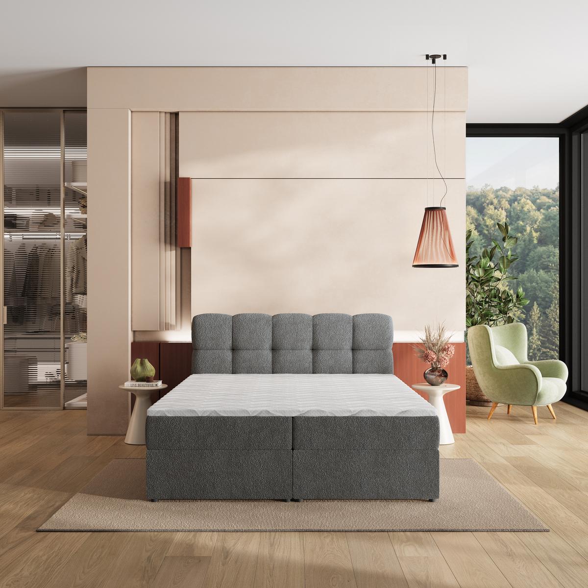 BOXBETT MERU 200x200 cm mit Matratze und Topper, H2+H3 - Grau - Grau, Holz (200/200cm) - MASSENO