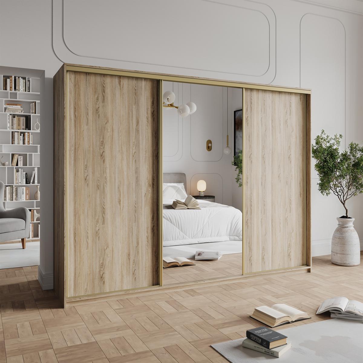 SCHWEBETÜRENSCHRANK TAVI 250/205/60 cm 3-türig mit Spiegel und Schubladen Sonoma Eiche - Goldfarben/Sonoma Eiche, Holzwerkstoff (250/205/60cm) - MASSENO