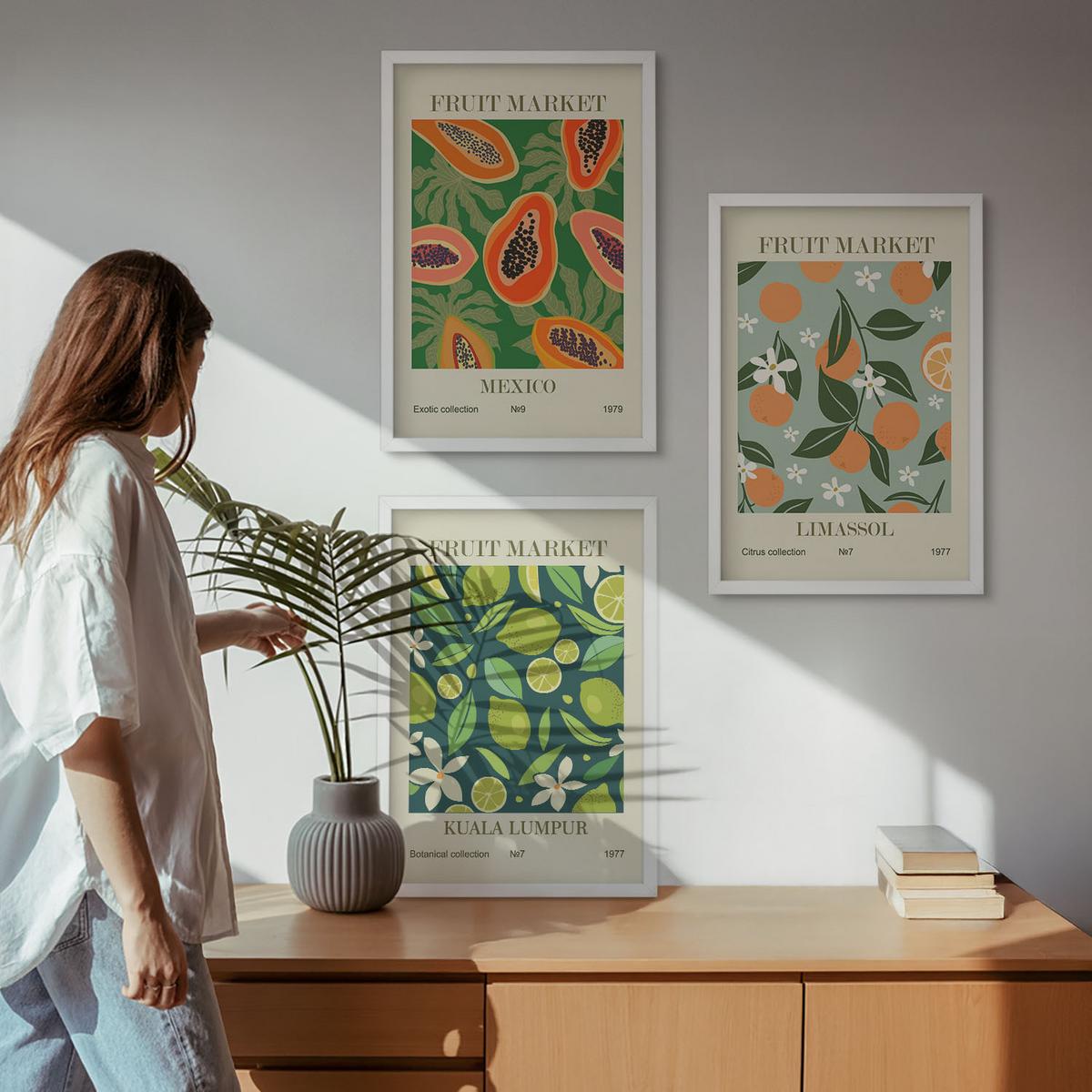 BILDER SET 3er Set - 40x60 cm Weißer Rahmen - Vintage-Poster mit Früchten - Weiß, Kunststoff (40/60cm) - TULUP