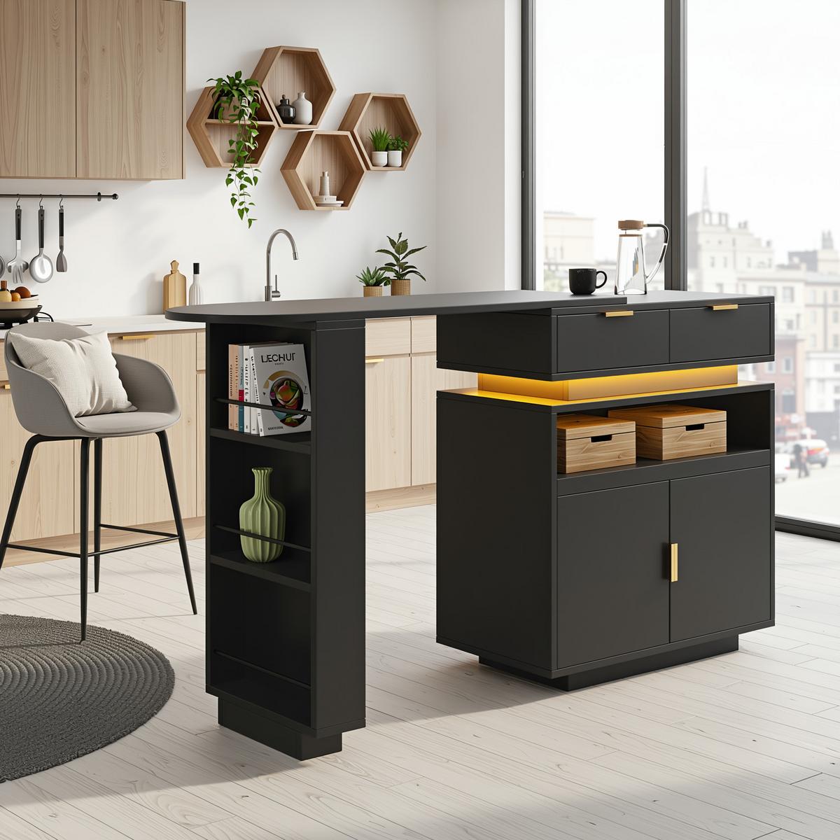 BARTISCH mit küchenbuffet in schwarz, 360° drehbar & led-beleuchtung - Schwarz, Holzwerkstoff (40/183/90cm) - Urban Meuble