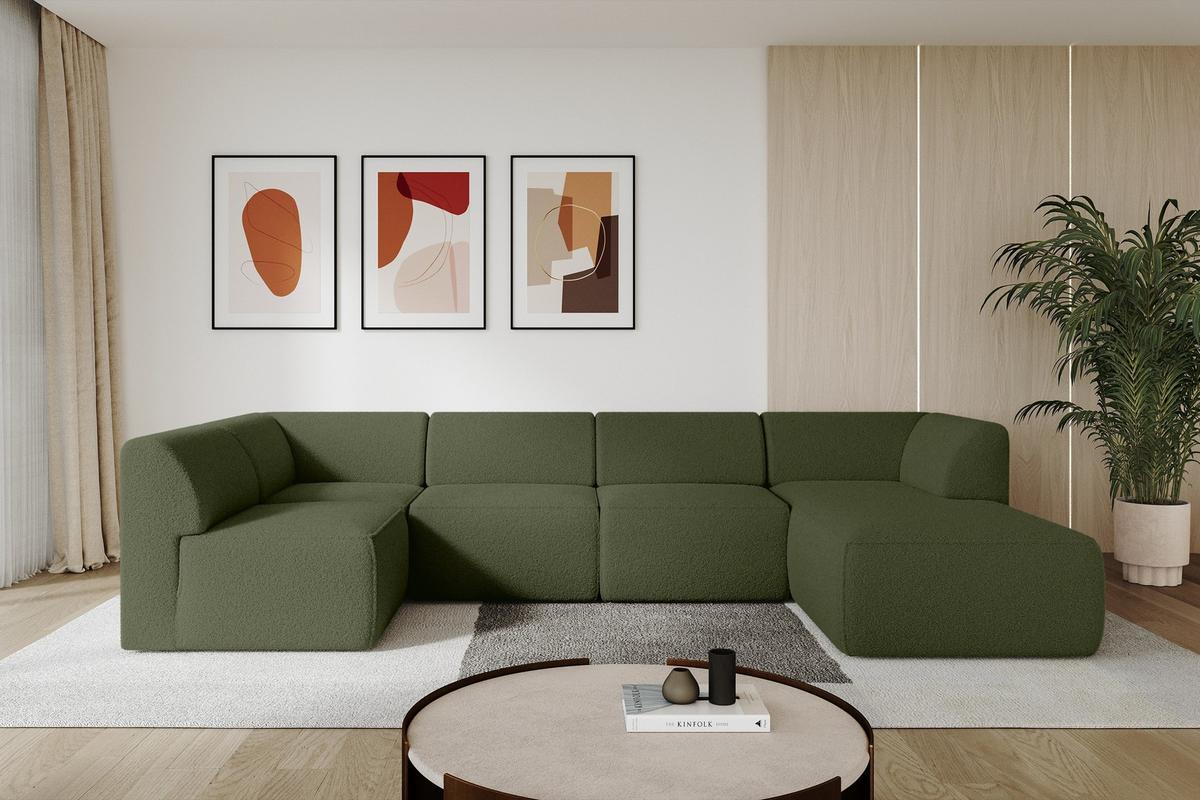 WOHNLANDSCHAFT Ottomane Rechts MOVO-L 345x180x78 cm Grün Bouclé - Dunkelgrün, Holzwerkstoff/Kunststoff (180/78/345cm) - ALTDECOR