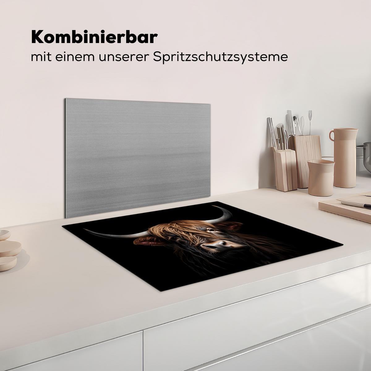 HERDABDECKPLATTE Schottischer Highlander - Porträt - Schwarz - Tier Herdabdeckung Induktionsfeld 65x52 cm - Braun, Kunststoff (65/52/0.2cm) - MuchoWow