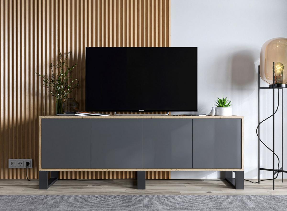 TV-SCHRANK Apollo2 Eiche wotan Graphit Matt mit Metallbeinen 150/53/35 cm - Graphitfarben/Schwarz, Holzwerkstoff/Metall (150/53/35cm) - Meble Lindner