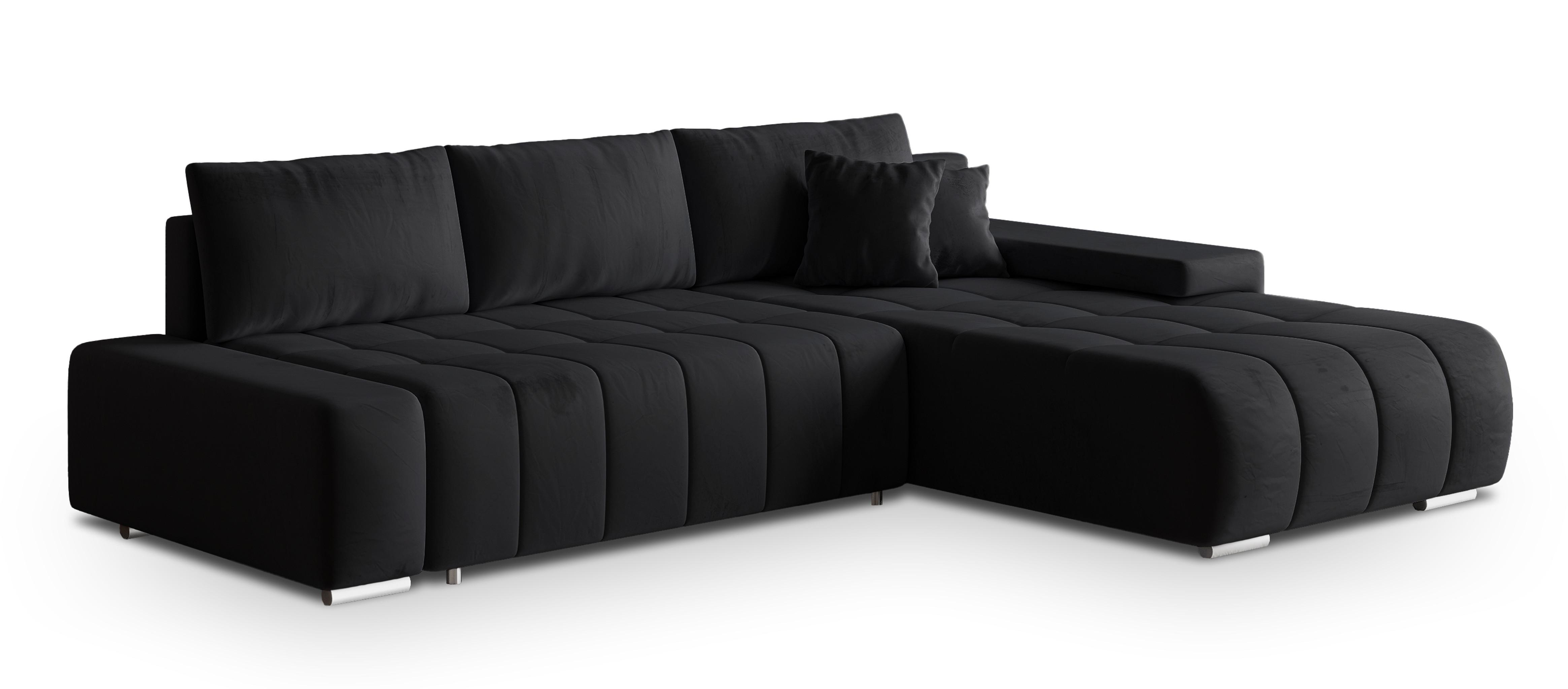 ECKSOFA ALESE R-S Schwarz Velours-Stoff mit Schlaffunktion - Silberfarben/Schwarz, Holz/Textil (265/185cm) - MASSENO