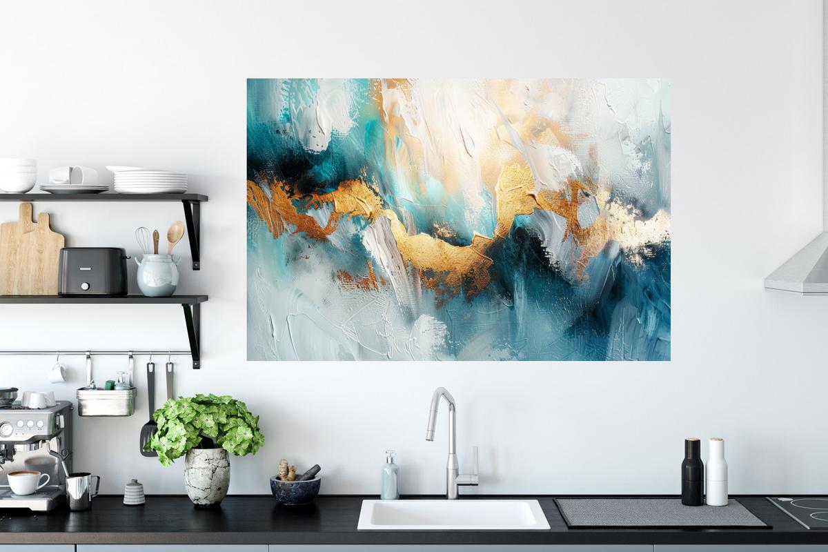 WANDTATTOO Abstrakt - Kunst - Gold - Blau Wandsticker 120x80 cm - Petrol, Kunststoff (120/80/0.1cm) - MuchoWow