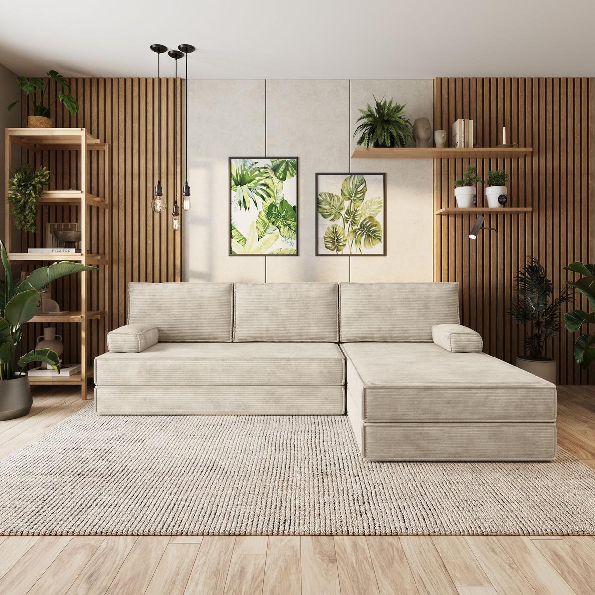 ECKSOFA ANKO modulares Boneless Sofa mit Schlaffunktion Creme Kordstoff - Creme, Textil (270/160cm) - MASSENO