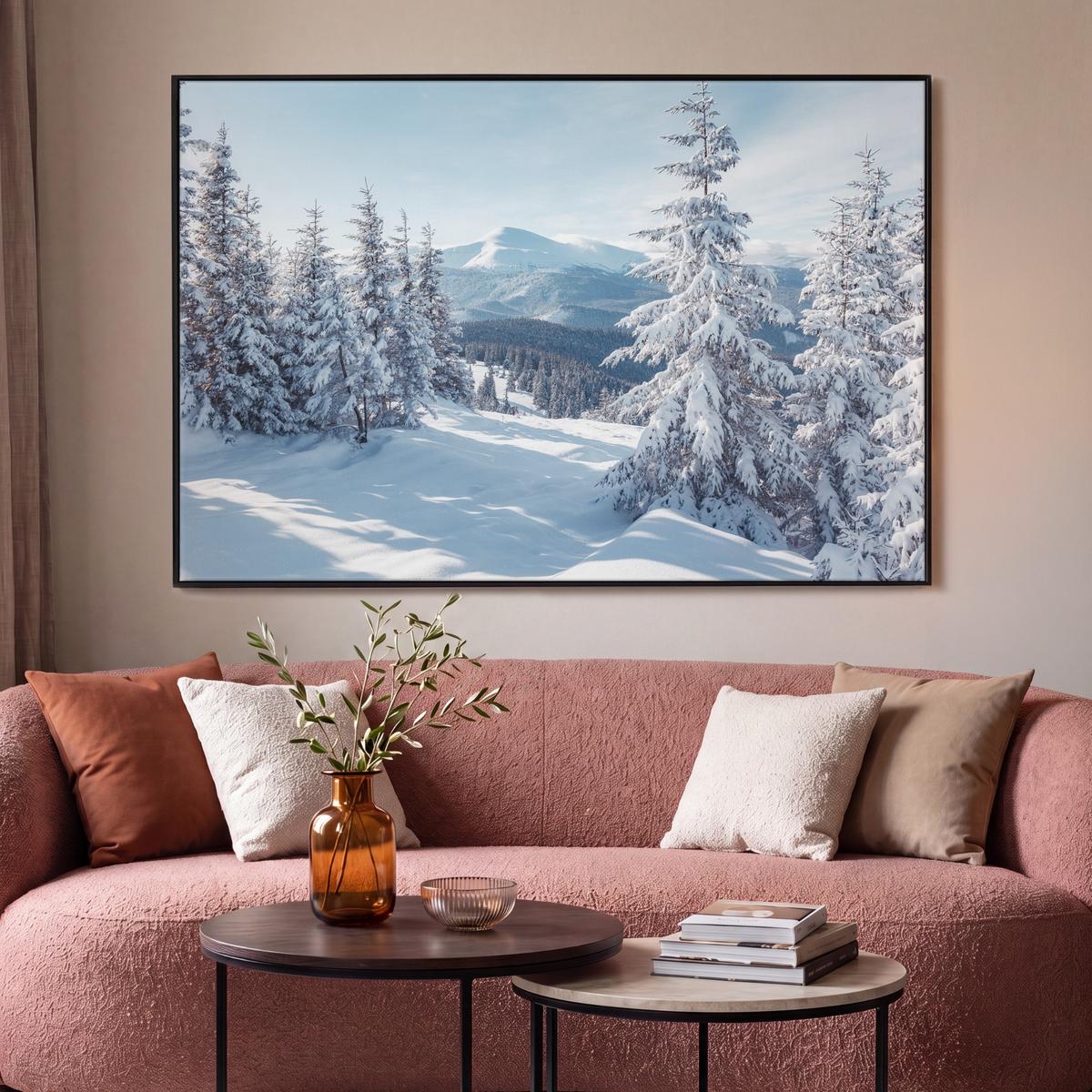 LEINWAND Bilder mit Rahmen - Winterlandschaft - Natur - Berge - Bäume - Schnee - 140x90 - Hellblau, Textil (140/90cm) - MuchoWow