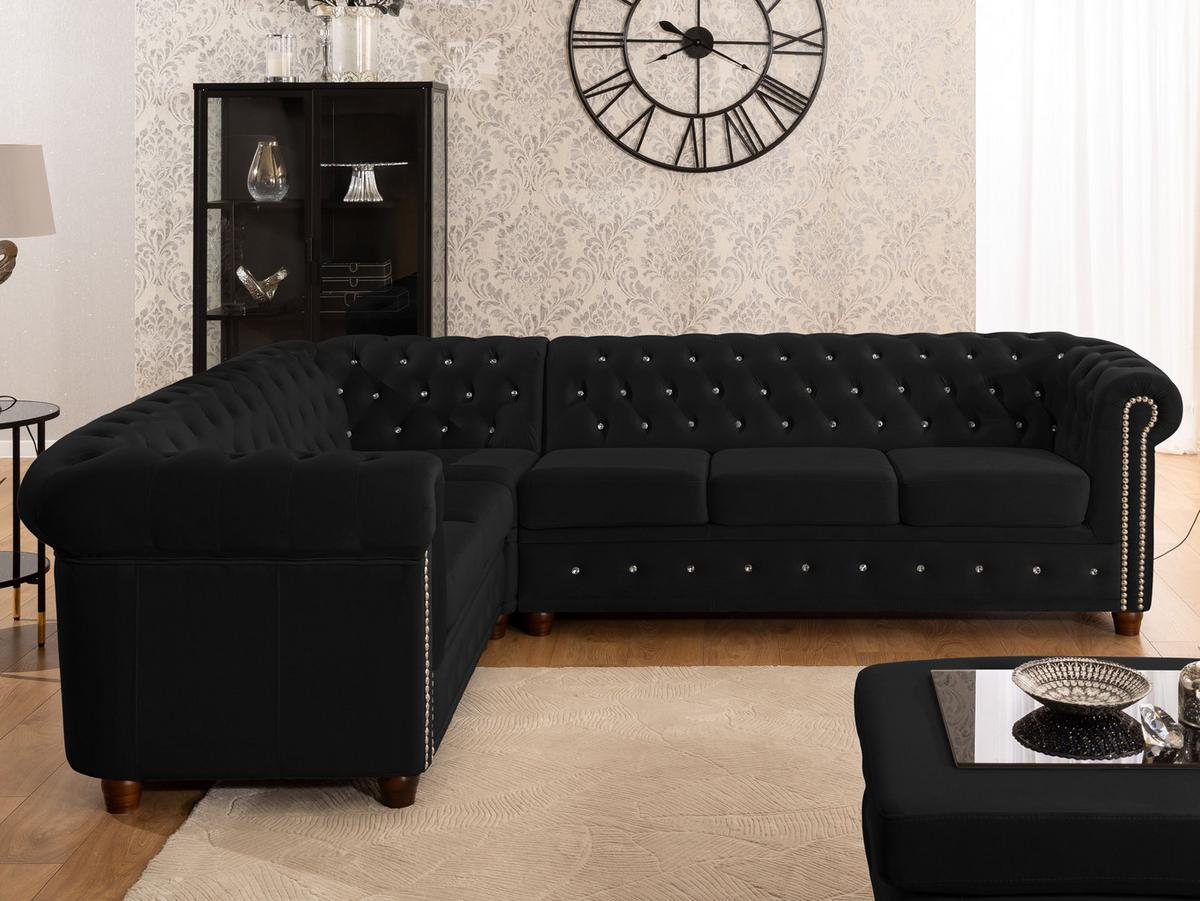 ECKSOFA Chesterfield Cleo Blink Schwarz Samt mit Kristallsteppung und braunen Massivholzfüßen - Ottomane Links - Schwarz/Braun, Holz/Textil (264/210cm) - S-Style Möbel