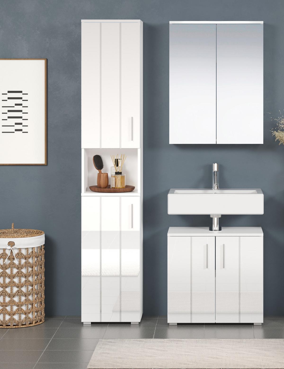 BADMÖBEL-SET weiß Hochglanz 112 x 192 cm, Badezimmer Schränke mit viel Stauraum - Weiß Hochglanz/Silberfarben, Holzwerkstoff/Kunststoff (112/192/32cm) - Top.Furn