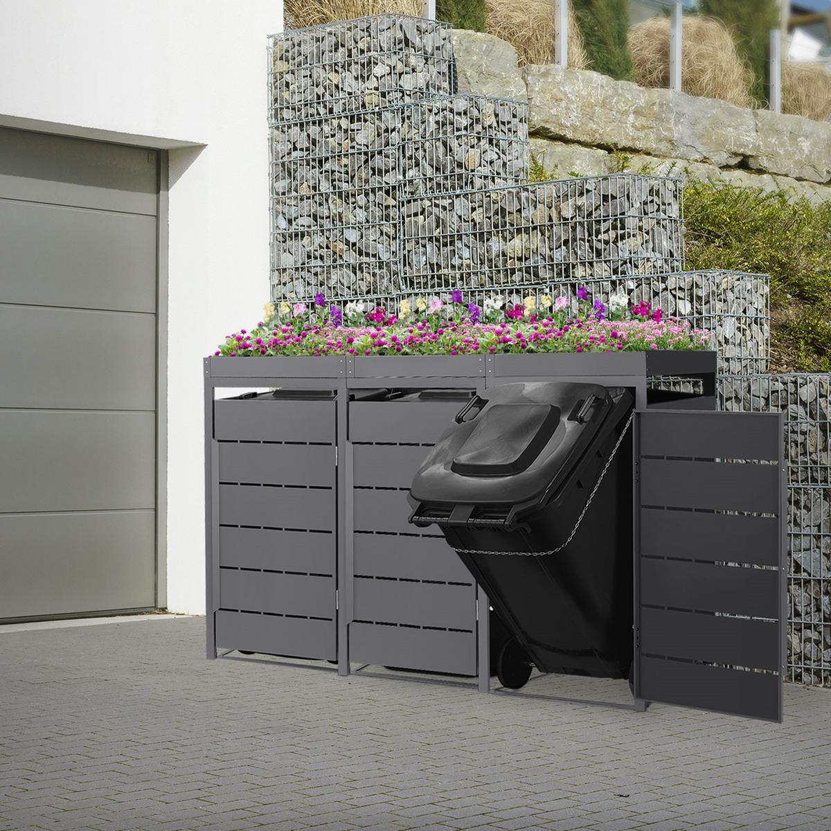 MÜLLTONNENBOX 3er mit Pflanzdach 240L 196x80x124 cm Anthrazit aus Stahl - Anthrazit, Metall (80/124/196cm) - ML-DESIGN