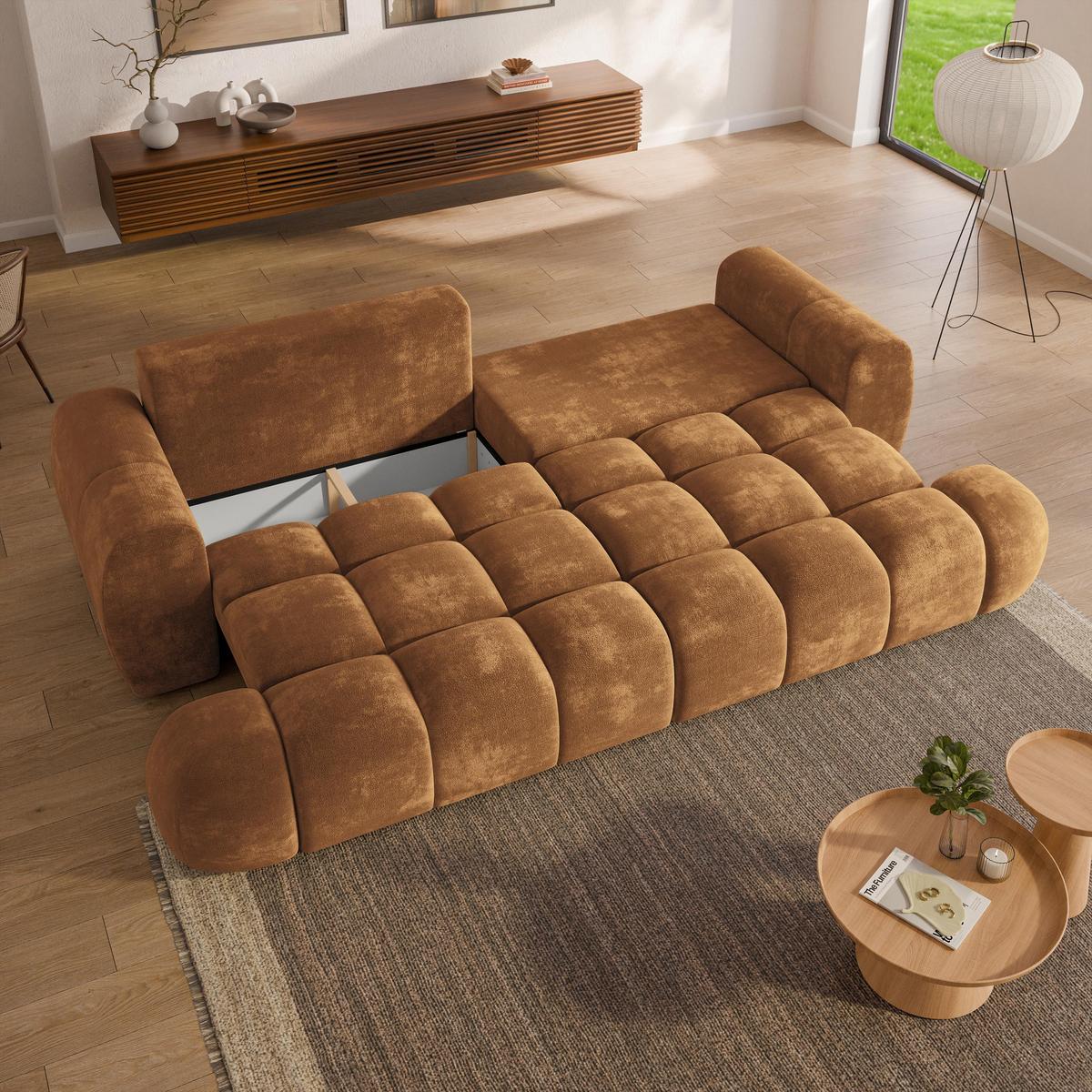 BETTSOFA DAFNE Hellbraun Chenille-Stoff mit Schlaffunktion - Hellbraun, Textil (300/88/113cm) - MASSENO
