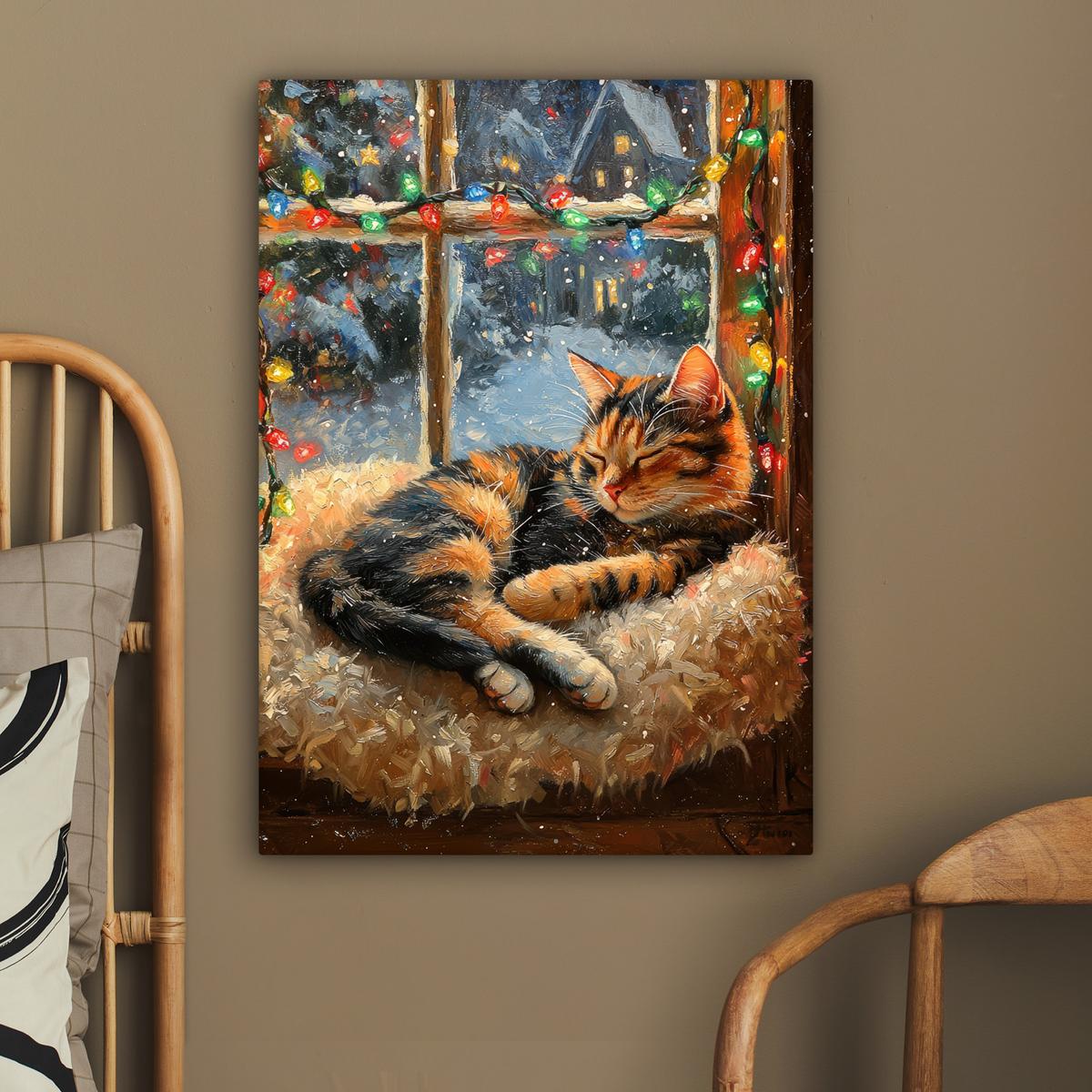 LEINWANDBILD Katze - Weihnachten - Winter - Tier Wandbild Wohnzimmer 60x80 cm - Bernsteinfarben, Textil (60/80cm) - MuchoWow