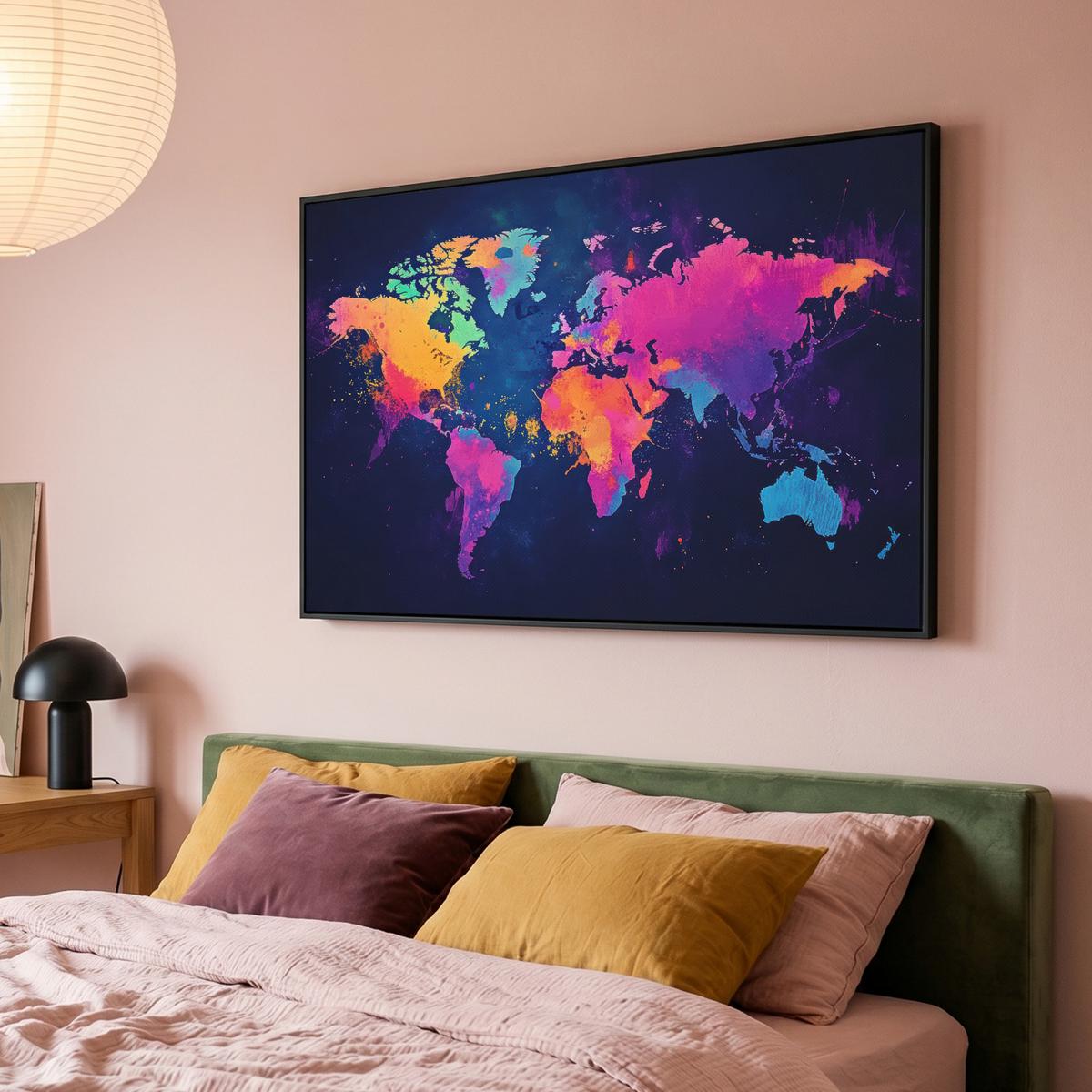 LEINWAND Bilder mit Rahmen - Weltkarte - Bunt - Graffiti - 150x100 - Multicolor, Textil (150/100cm) - MuchoWow