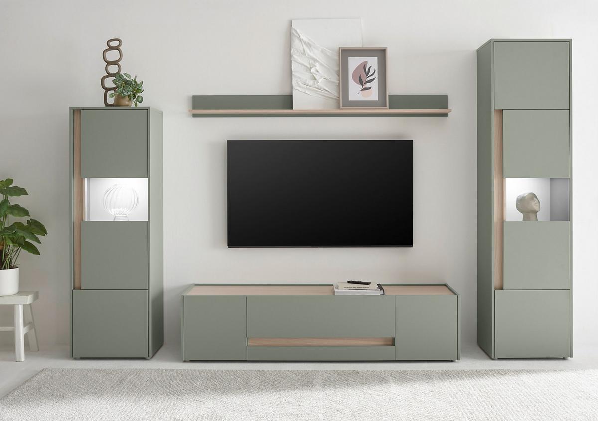 VITRINE Salbei grün, Barista Eiche 50 x 150 cm, Vitrinenschrank halbhoch - Salbeigrün/Eichefarben, Glas/Holzwerkstoff (50/155/40cm) - Furn.Design