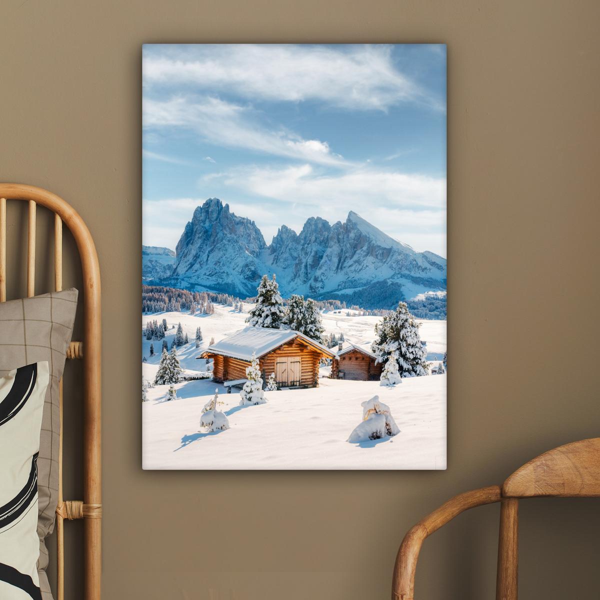 LEINWANDBILD Winter - Hütte - Berge - Aussicht - Schnee Wandbild Wohnzimmer 60x80 cm - Eichefarben, Textil (60/80cm) - MuchoWow