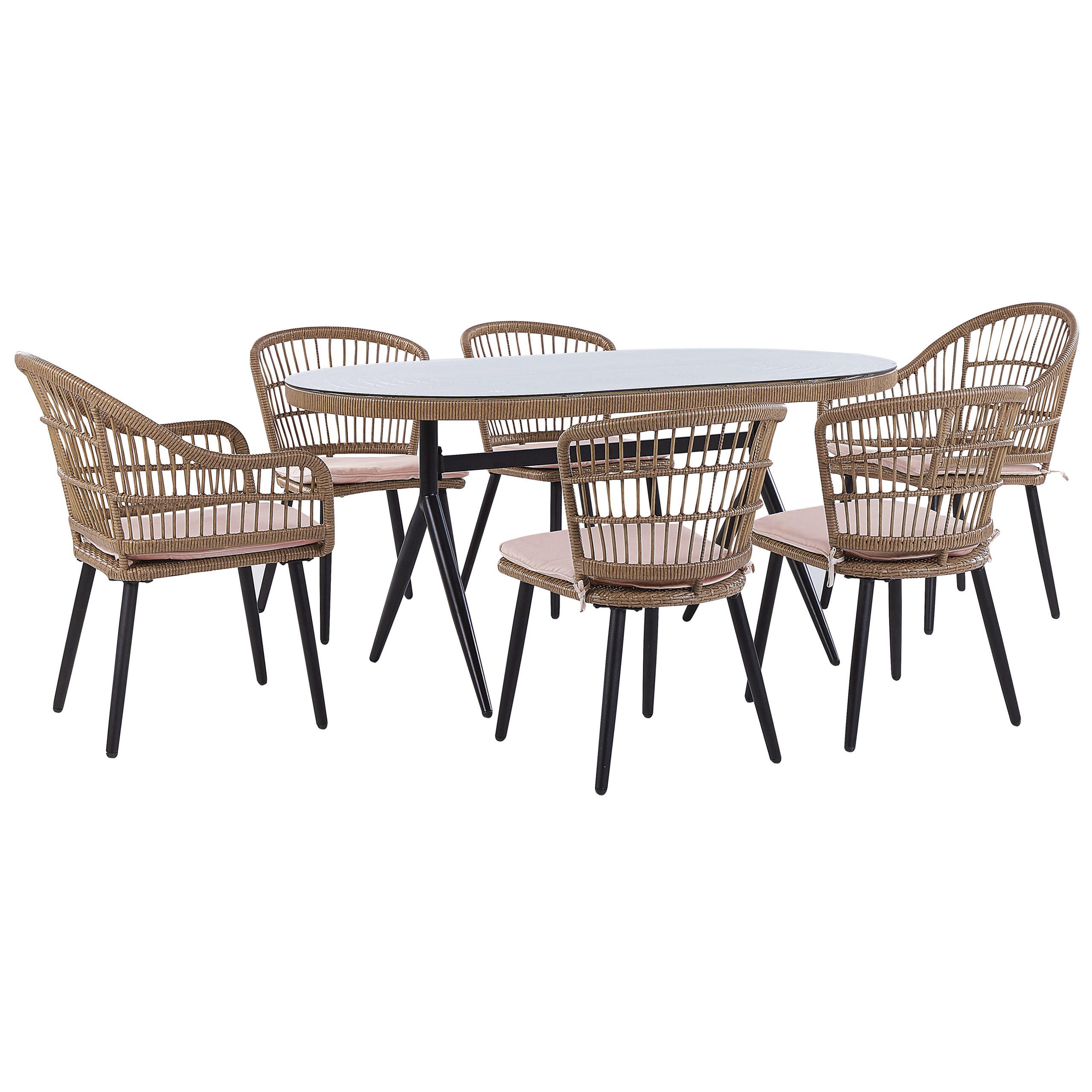 GARTENMÖBEL SET 6-Sitzer Rattan natürlich Auflagen rosa Aliano II - Pink/Beige, Kunststoff - Beliani