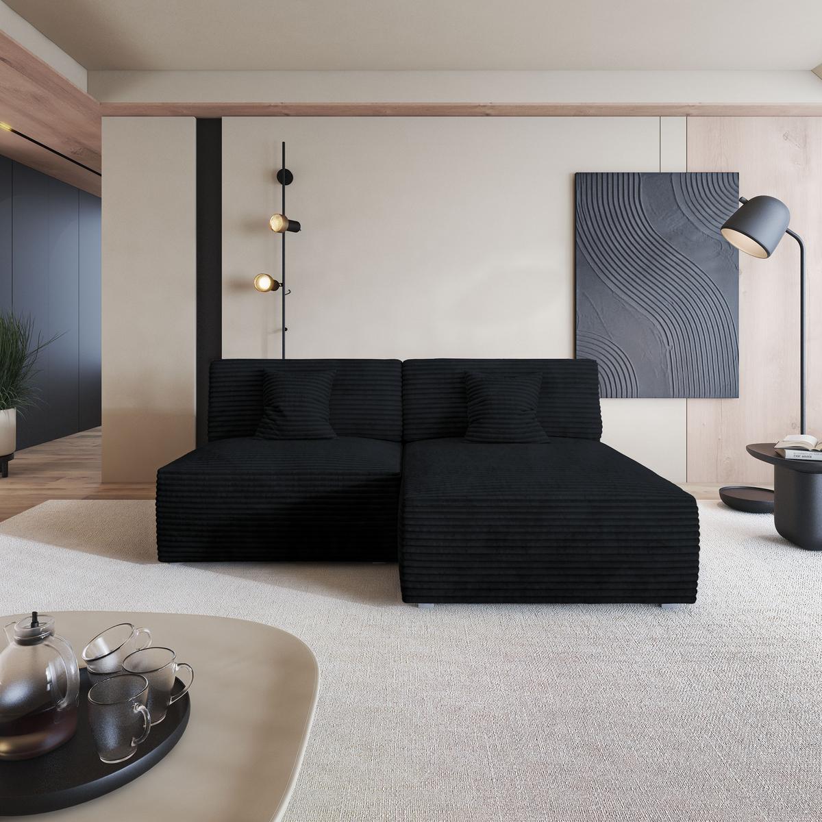 ECKSOFA FIORO Schwarz Kordstoff mit Schlaffunktion - Schwarz, Holz (204/148cm) - MASSENO