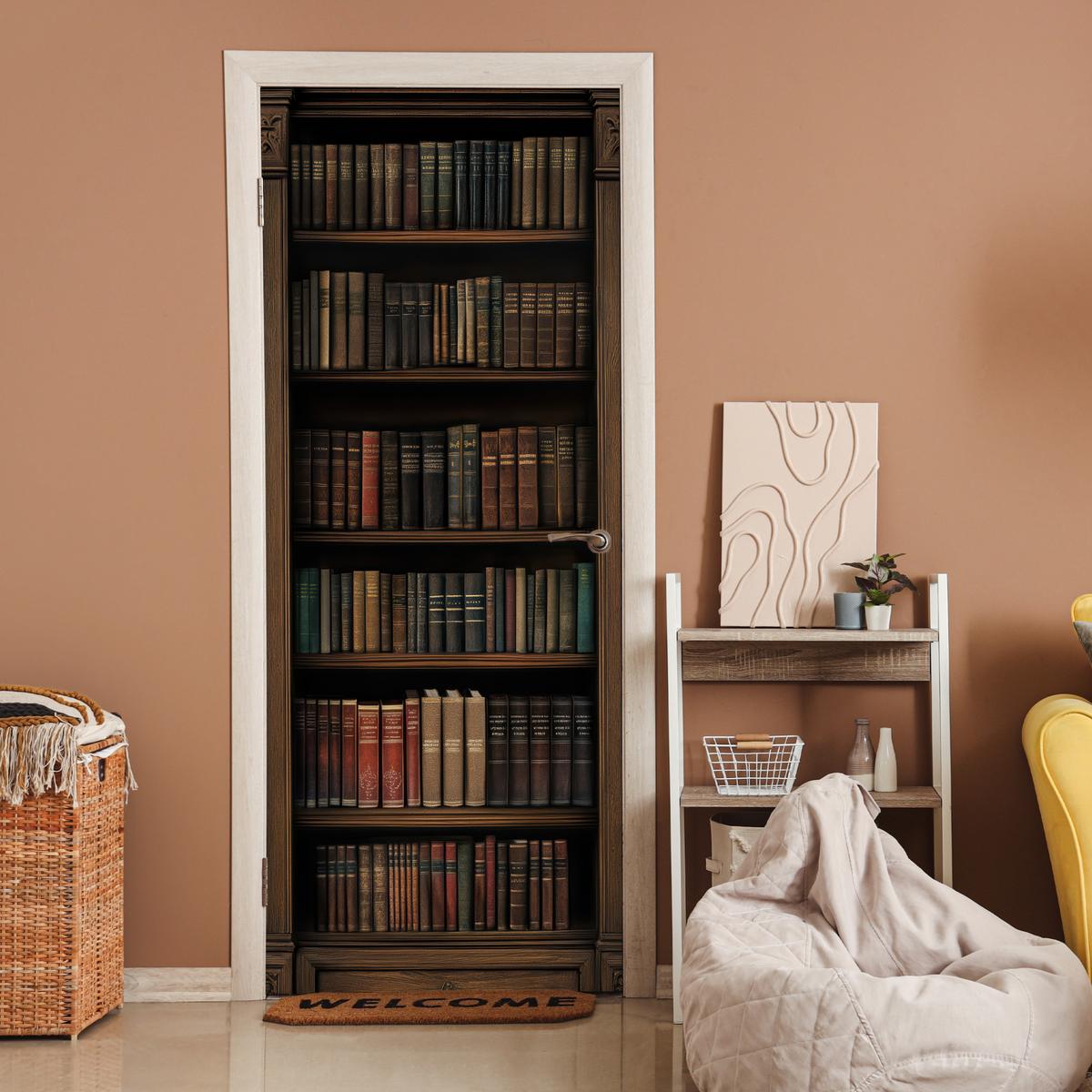 TÜRAUFKLEBER Bücherregal - Vintage - Braun 85x215 cm - Türtapete - Nussbaumfarben, Kunststoff (85/0.1cm) - MuchoWow