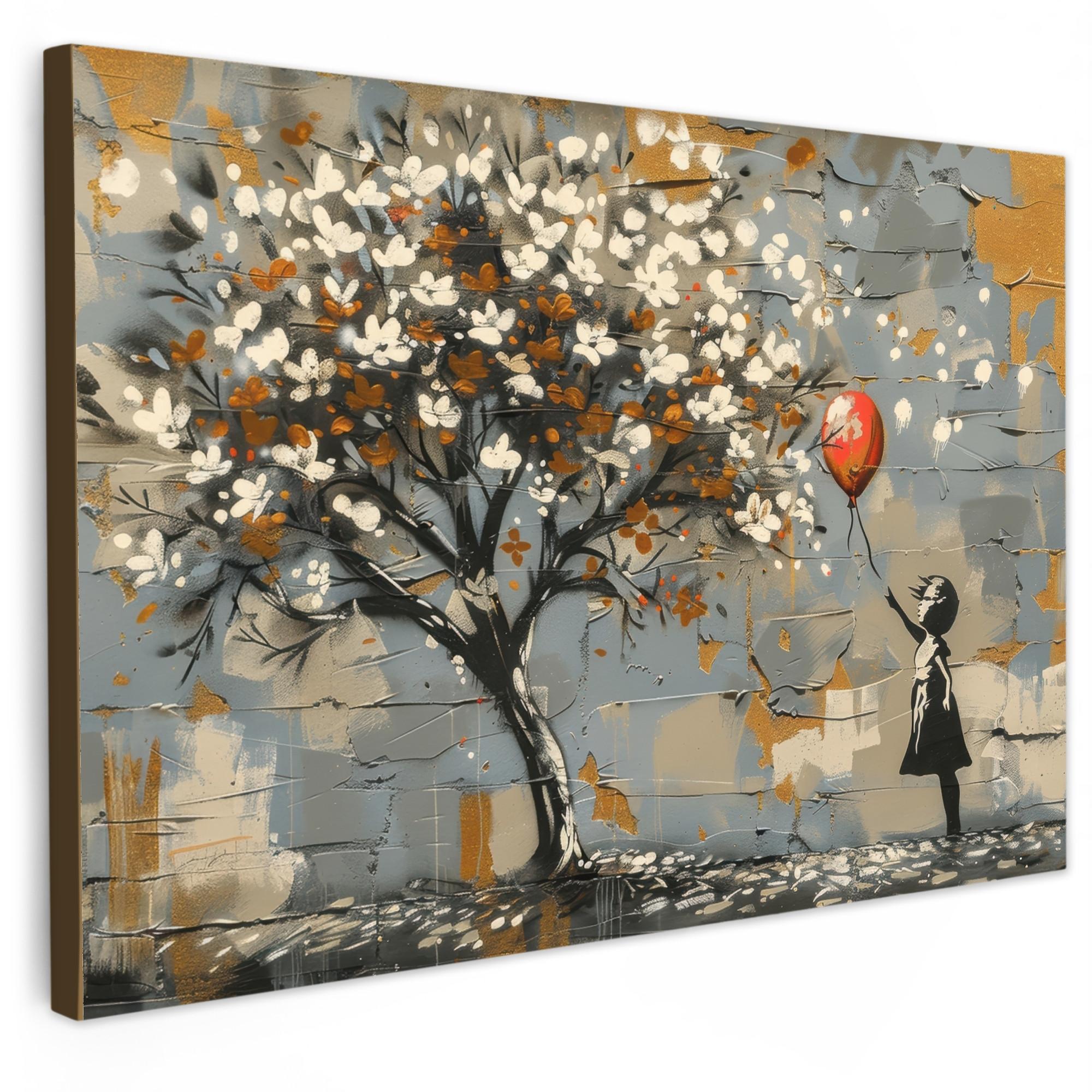 LEINWANDBILD Baum - Graffiti - Banksy-Stil - Ballon-Mädchen Wohnzimmer Groß 120x80 cm - Blaugrau, Textil (120/80cm) - MuchoWow