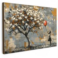 LEINWANDBILD Baum - Graffiti - Banksy-Stil - Ballon-Mädchen Gemälde 60x40 cm - Blaugrau, Textil (60/40cm) - MuchoWow