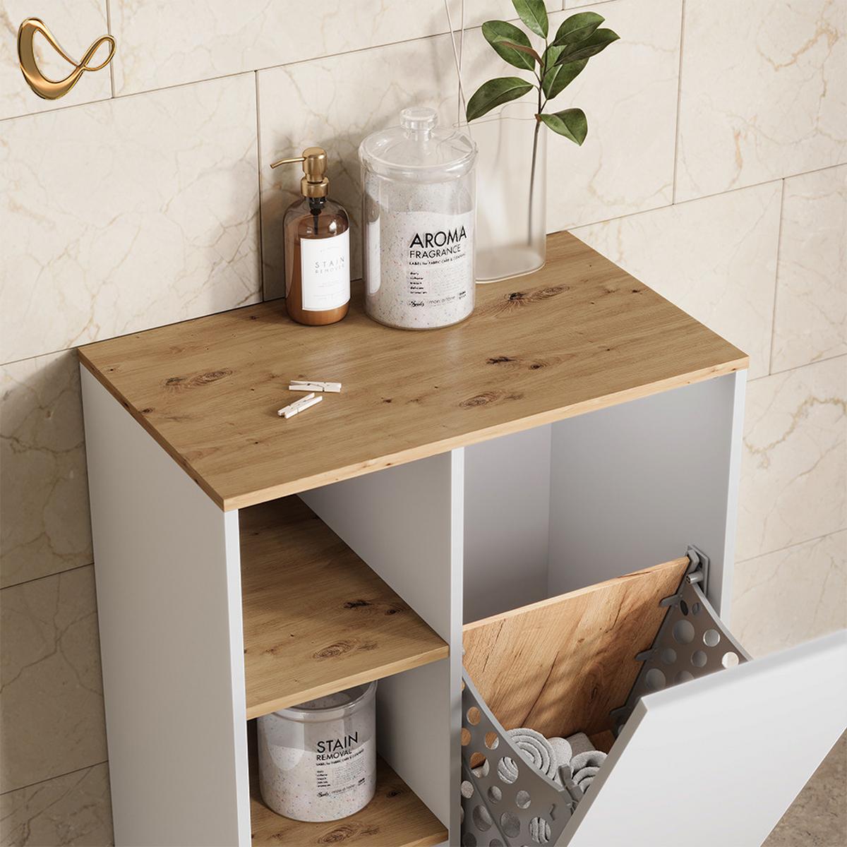 BADSCHRANK Paolina Weiß/Artisan 68 x 88.2 cm mit offenen Regalen und Wäschekorb - Weiß/Eiche Artisan, Holzwerkstoff (68/88.2/40.5cm) - Livinity®