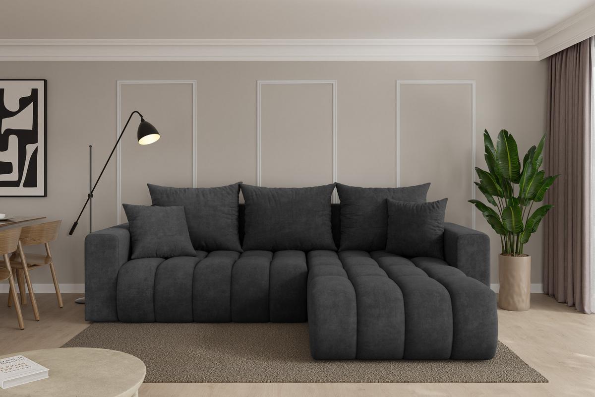 ECKSOFA mit Schlaffunktion Ottomane Rechts MILA-L-v1 277x195x86 Dunkelgrau Velours - Anthrazit/Schwarz, Holzwerkstoff/Kunststoff (277/194cm) - ALTDECOR