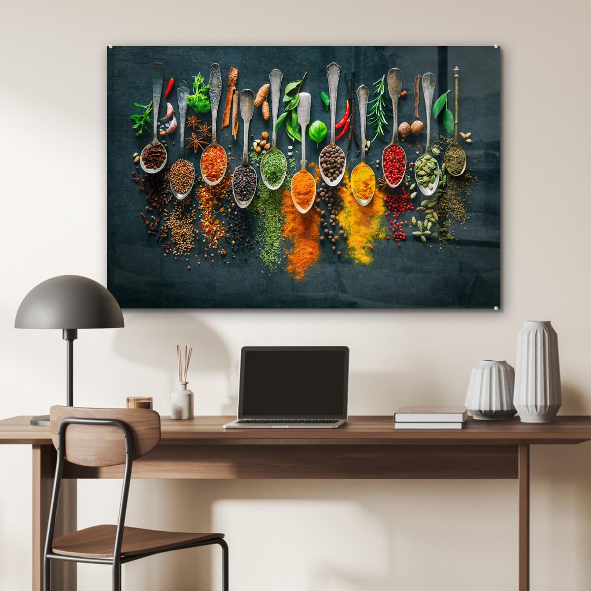 ACRYLGLASBILD Kräuter - Gewürze - Löffel Room Decor 90x60 cm - Currygelb, Glas (90/60cm) - MuchoWow