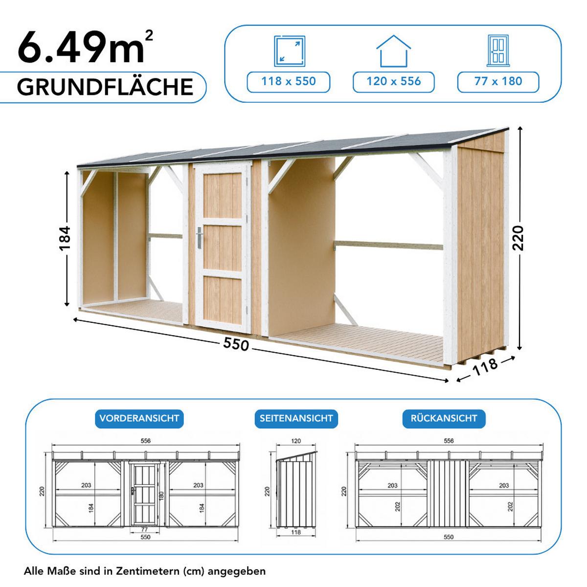 BRENNHOLZLAGER doppelt mit Geräteraum 6,49 m², zwei Brennholzbereiche mit insgesamt ~8,8 m³ Fassungsvermögen - Braun, Holz (118/220/550cm) - Timbela