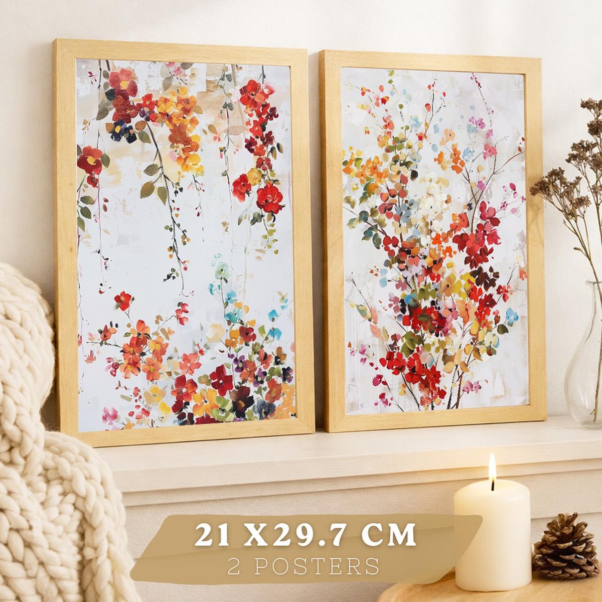 POSTER 2er-Set Wandbilder Wildblumen modern Wohnzimmer Deko, Schlafzimmer, Küche, Badezimmer Leichter Holzrahmen A4 - Beige, Papier (29.7/1/21cm) - Nacnic