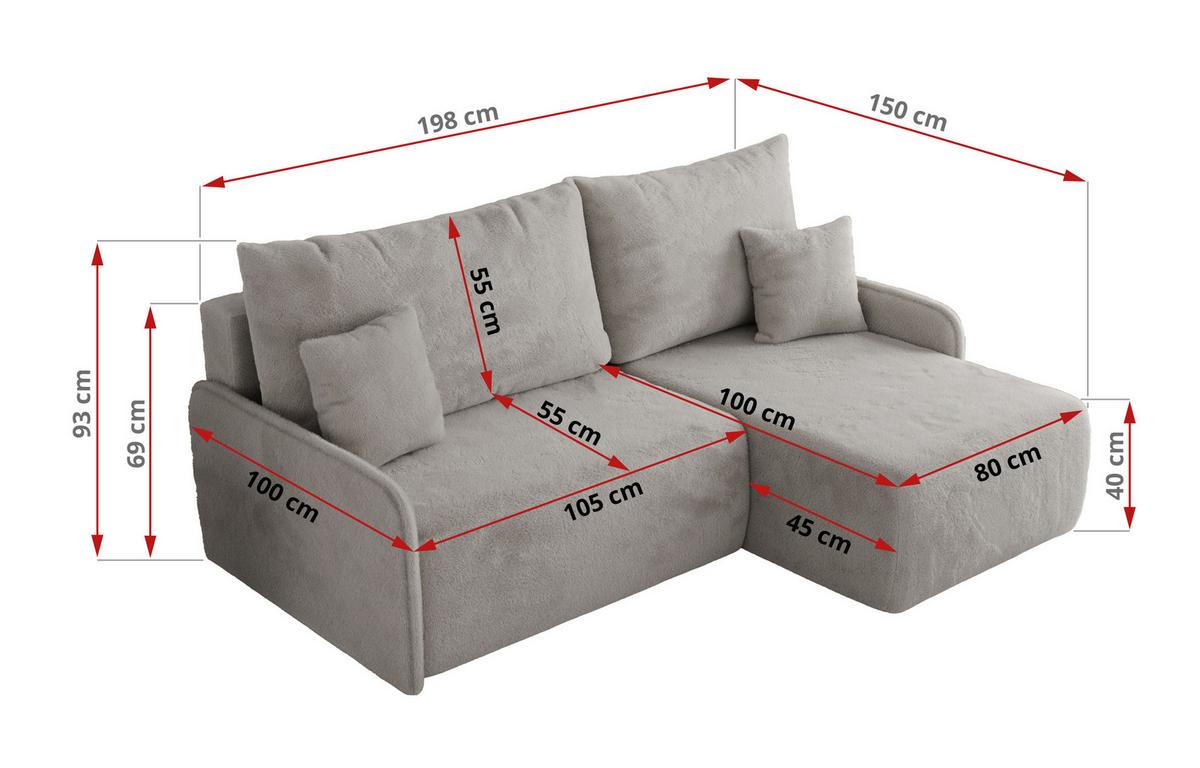 ECKSCHLAFSOFA ARPA L Hellgrau Plüsch - links - Hellgrau/Schwarz, Kunststoff/Textil (198/150cm) - MKS