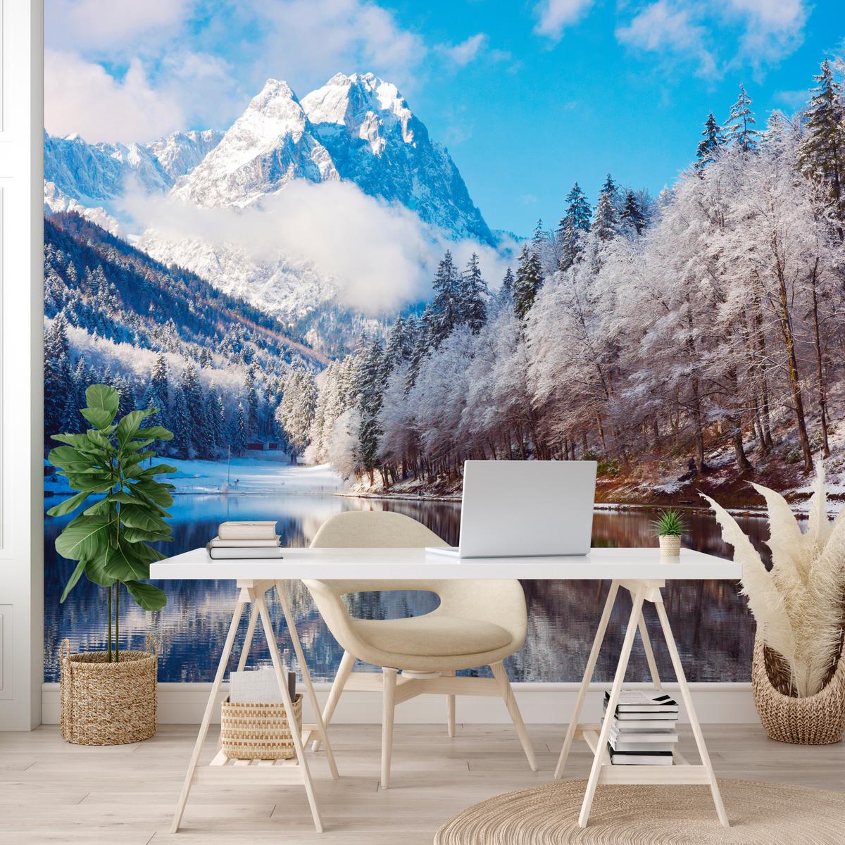 FOTOTAPETE für Wohnzimmer Winterberglandschaft See Nadelwald Schnee 150x105 - Blau/Braun, Papier (150/105cm) - Muralo
