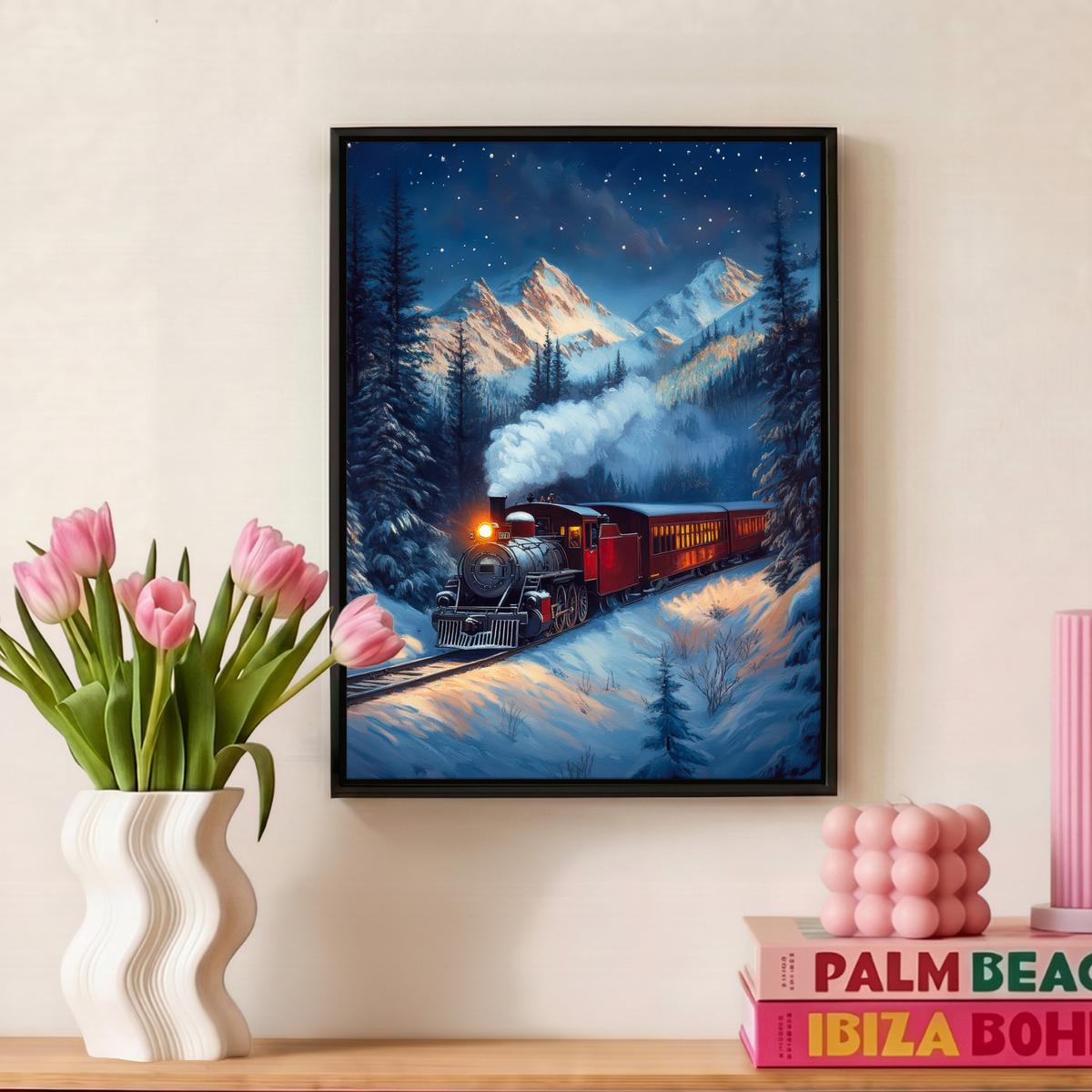 LEINWAND Bilder mit Rahmen - Zug - Weihnachten - Schnee - Weihnachtszug - 30x40 - Anthrazit, Textil (30/40cm) - MuchoWow