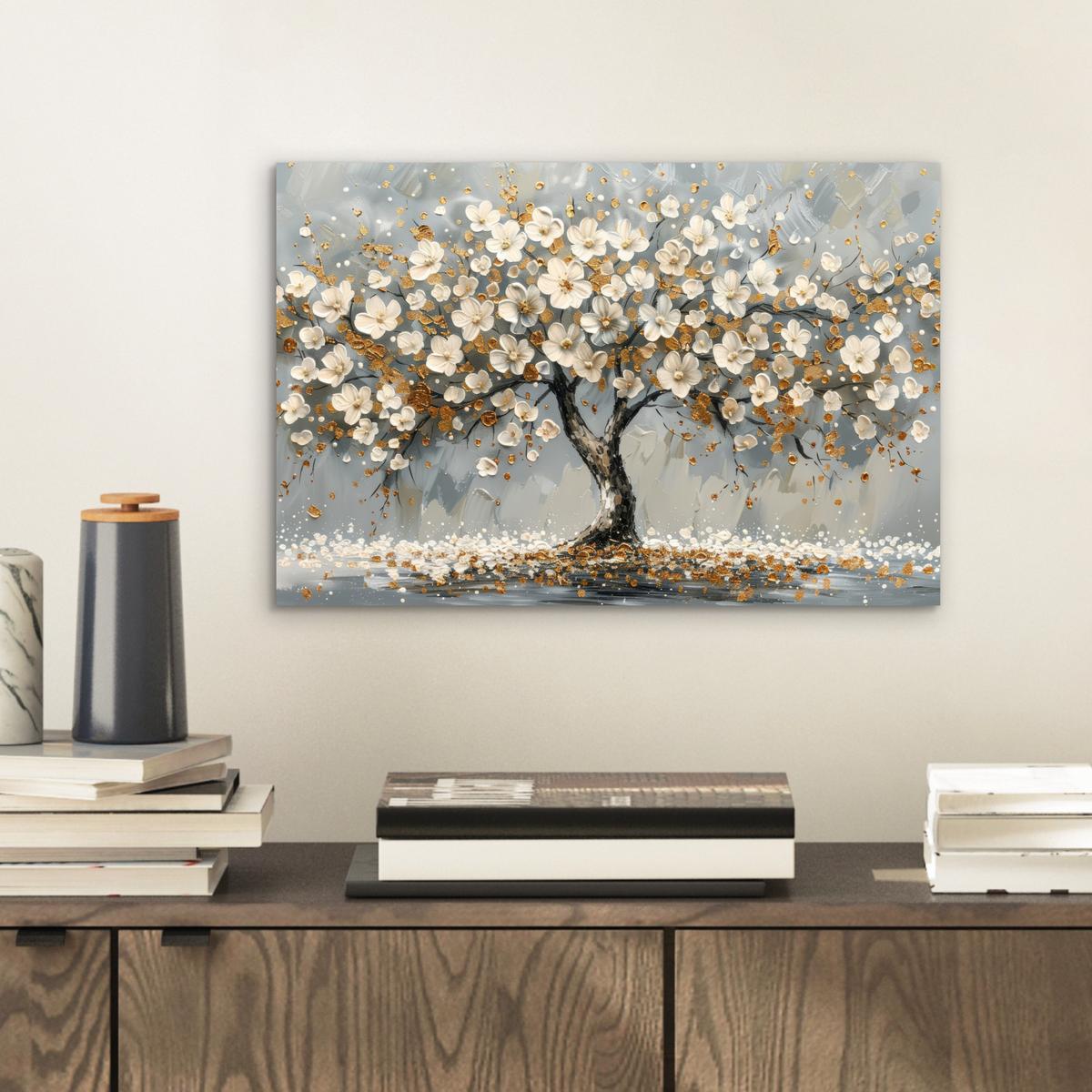 METALLBILD Baum - Blumen - Weiß - Natur - Kunst 30x20 cm - Weiß, Metall (30/20cm) - MuchoWow