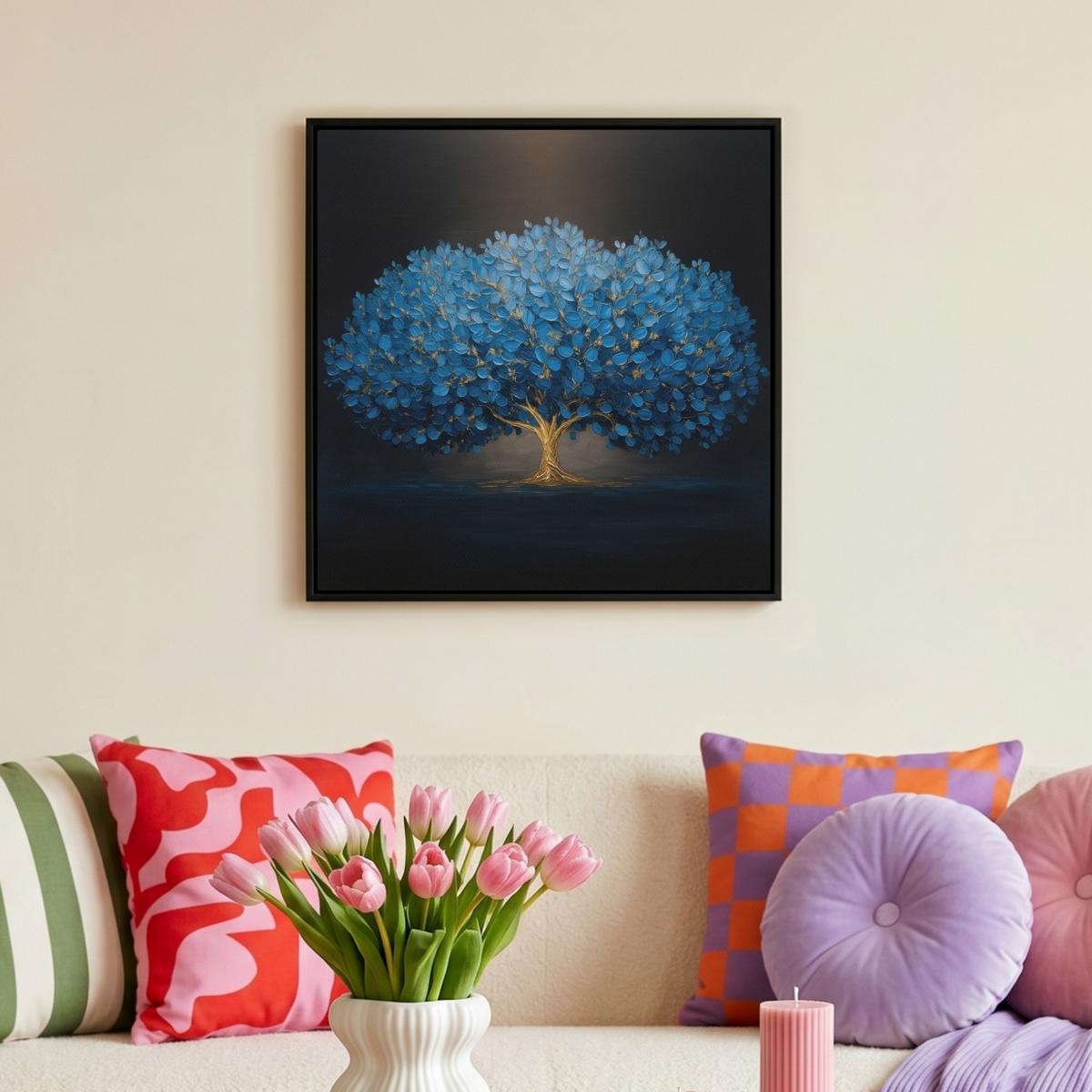 LEINWAND Bilder mit Rahmen - Baum - Blau - Blätter - Pinselstriche - 50x50 - Blau, Textil (50/50cm) - MuchoWow