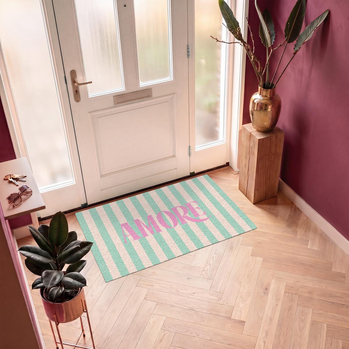 FUSSMATTE Rosa – Grün – Streifen – Amore 120x80 cm - Mintgrün, Kunststoff (120/0.4cm) - MuchoWow