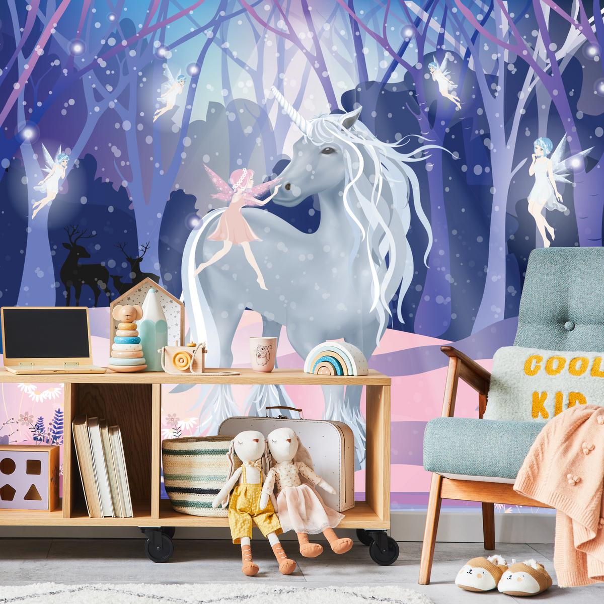 FOTOTAPETE für Kinderzimmer Einhorn Feen Magischer Wald 300x210 - Blau/Violett, Papier (300/210cm) - Muralo