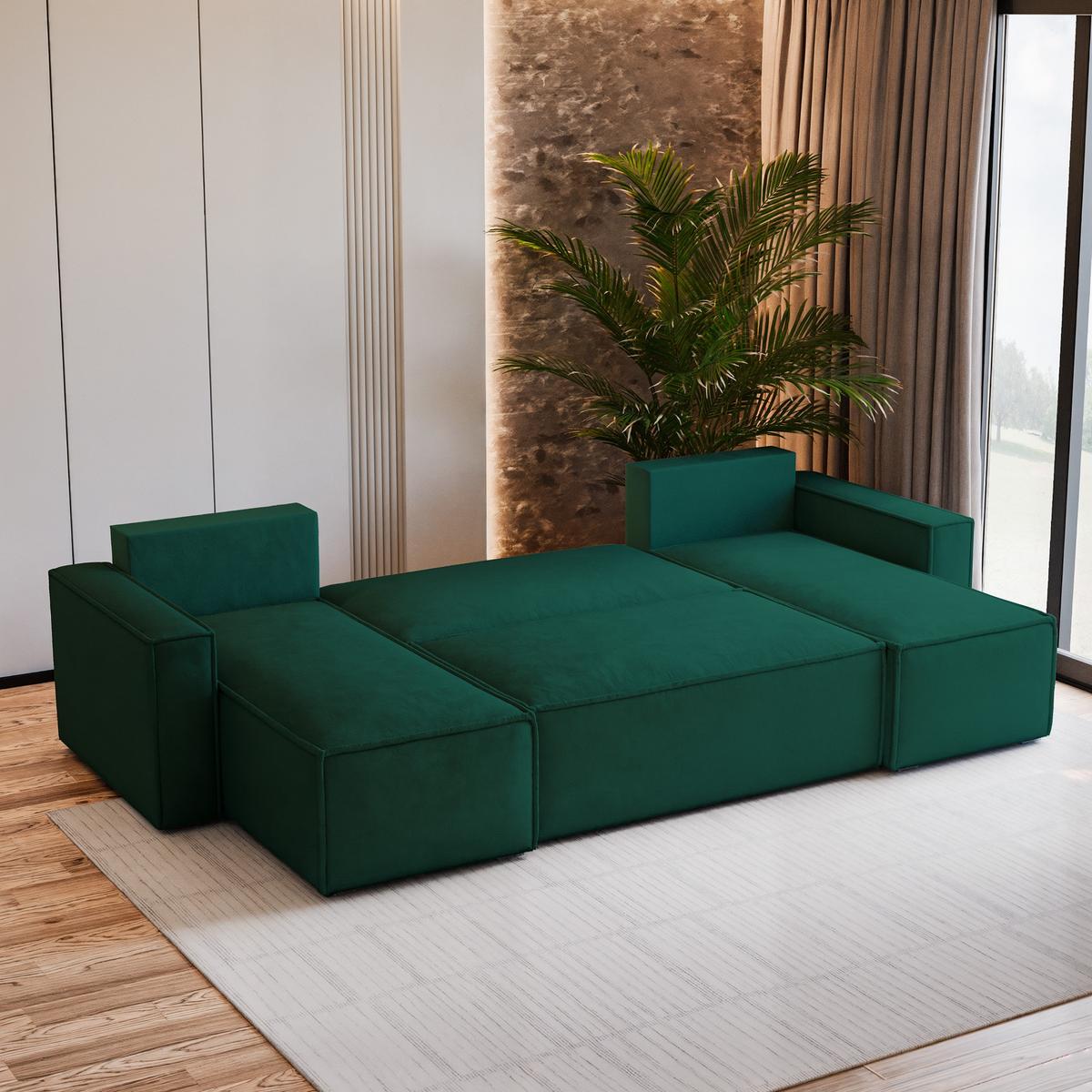 WOHNLANDSCHAFT PESANO M Grün Velours-Stoff mit Schlaffunktion - Grün, Holz (306/85/140cm) - MASSENO