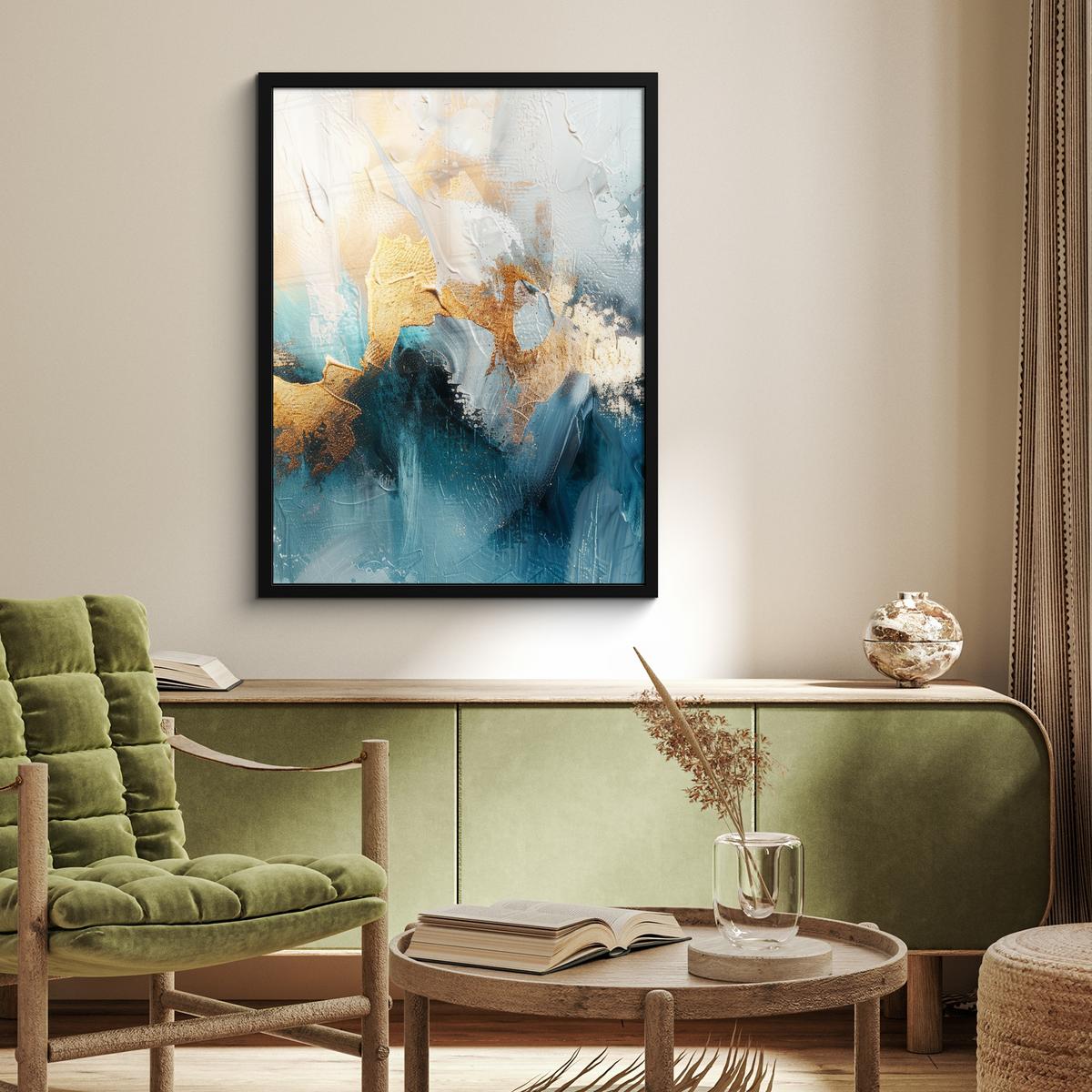 POSTER MIT RAHMEN Abstrakt - Kunst - Gold - Blau Posterleiste 60x80 cm - Petrol, Papier (60/80cm) - MuchoWow