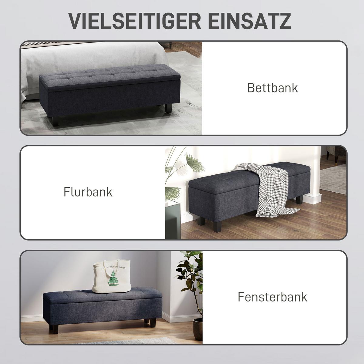 TRUHENBANK mit Stauraum, Polsterbank mit Leinenoptik, Holzbeine, Dunkelgrau - Dunkelgrau, Textil (40/45/138cm) - HOMCOM