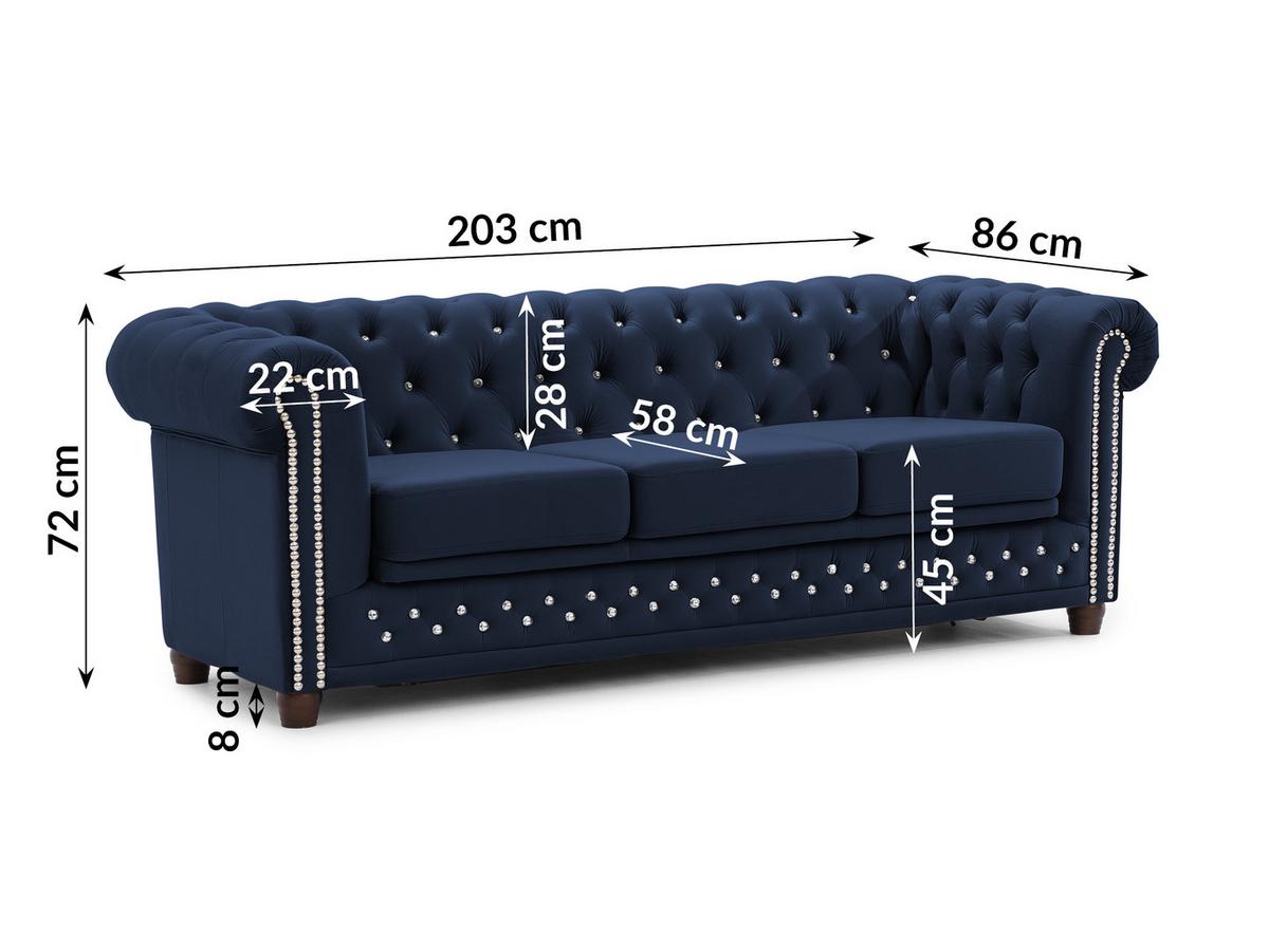 CHESTERFIELD-SOFA 3-Sitzer mit Schlaffunktion Cleo Blink Marineblau Samt mit Kristallsteppung und braunen Massivholzfüßen - Blau/Braun, Holz/Textil (203/72/86cm) - S-Style
