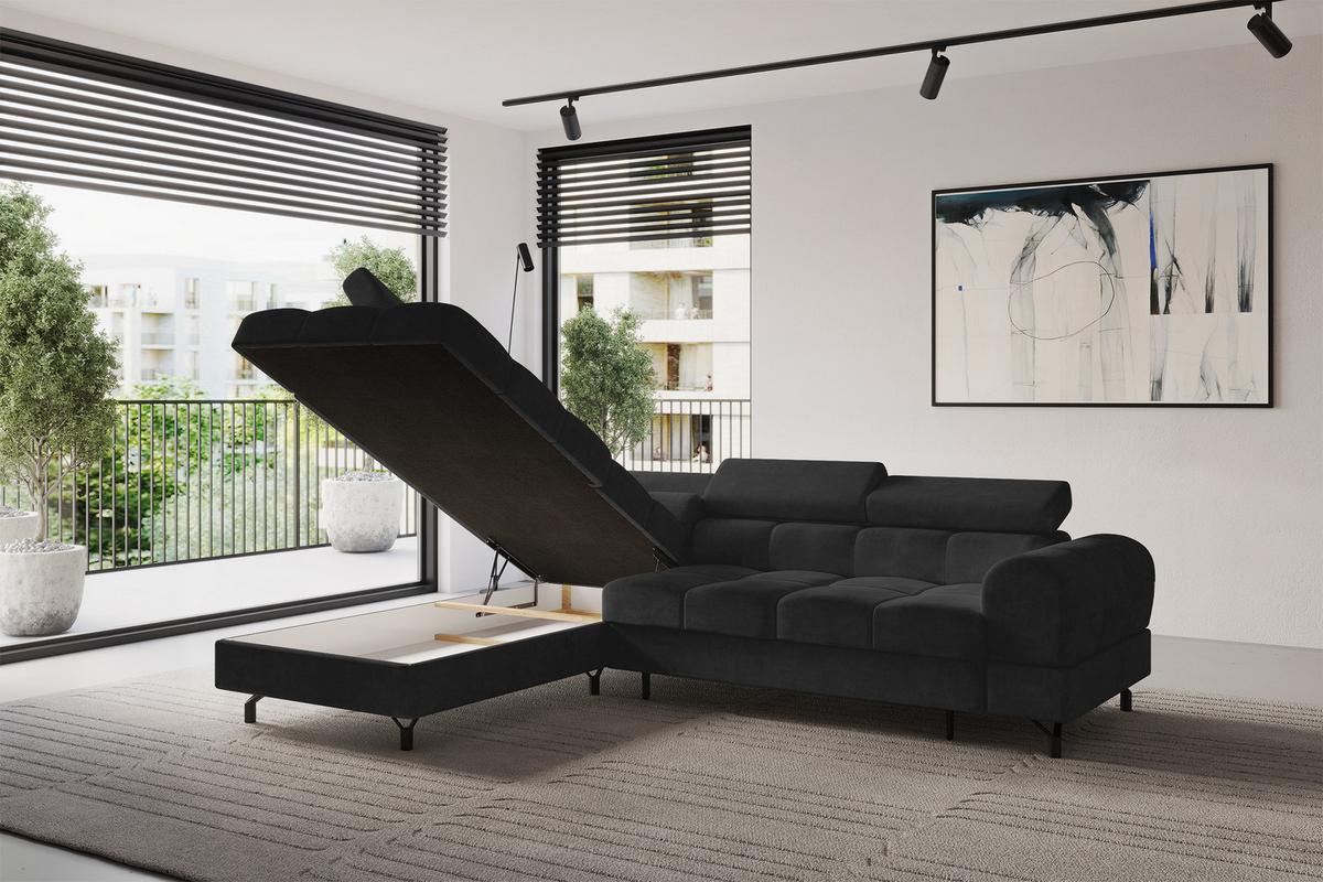 ECKSOFA mit Schlaffunktion Ottomane Links LUMA-L 272x203x70 Schwarz Velours - Schwarz, Holzwerkstoff/Kunststoff (272/203cm) - ALTDECOR
