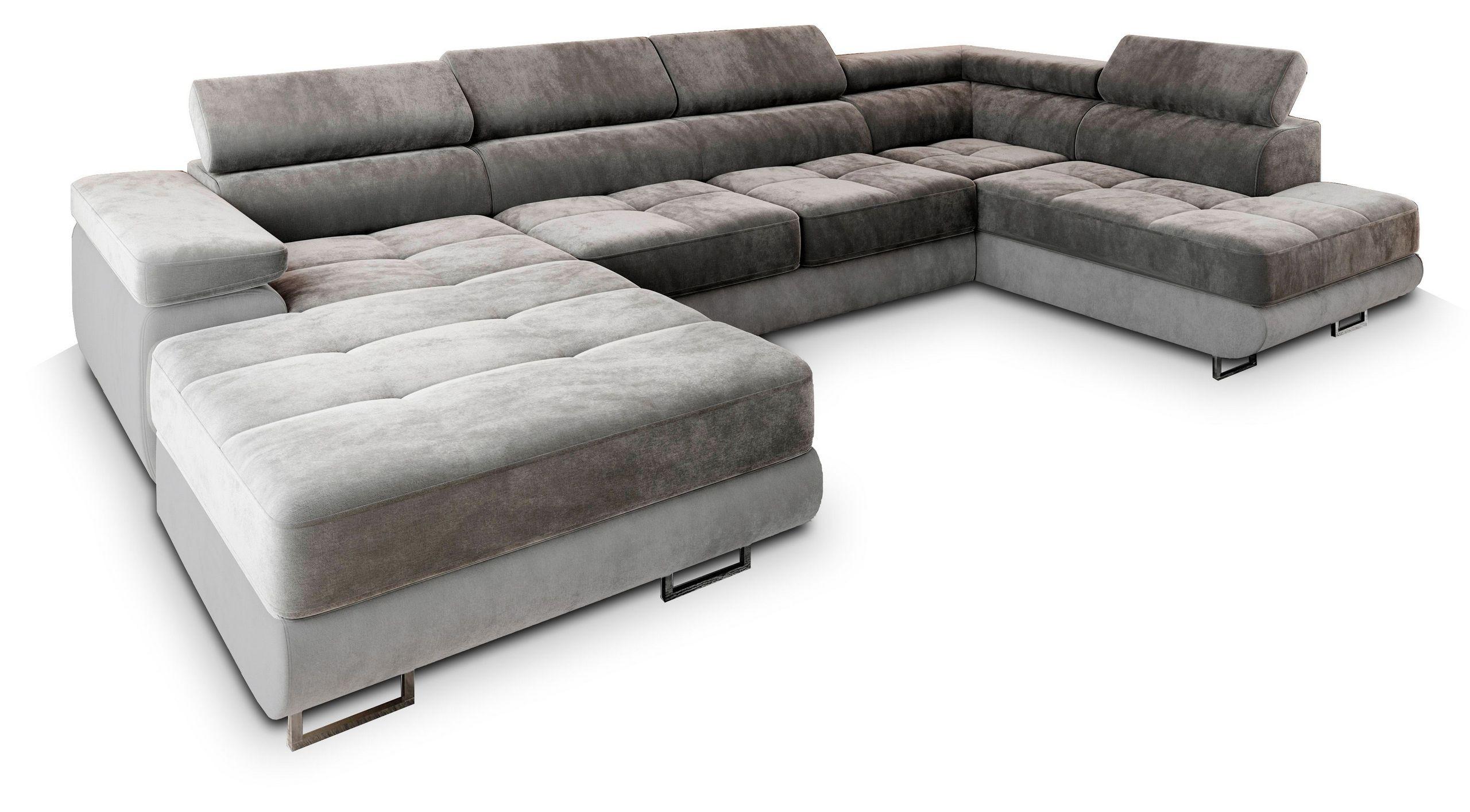 WOHNLANDSCHAFT CASONE R-S Grau Velours-Stoff mit Schlaffunktion - Silberfarben/Grau, Holz/Textil (345/90/202cm) - MASSENO